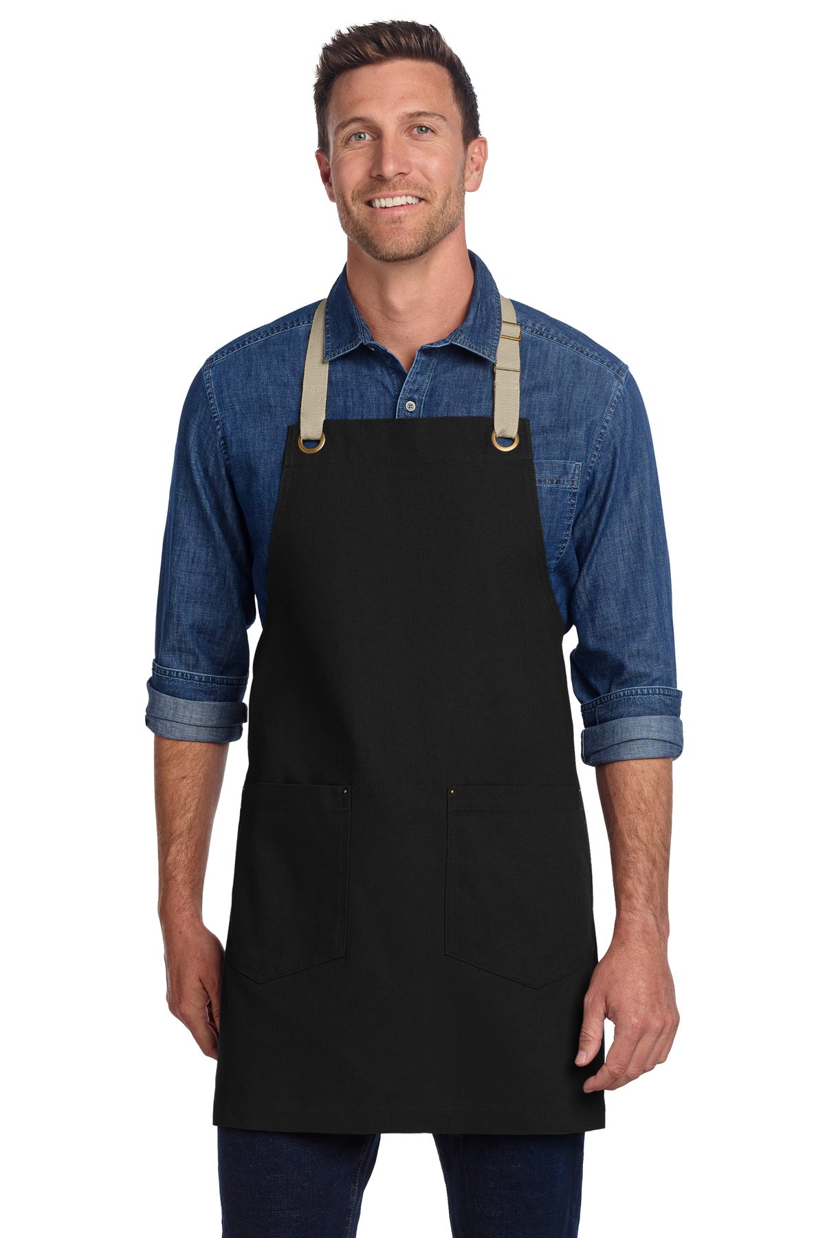Port Authority® Canvas Full-Length Two-Pocket Apron A815 - Black/ Stone - OSFA