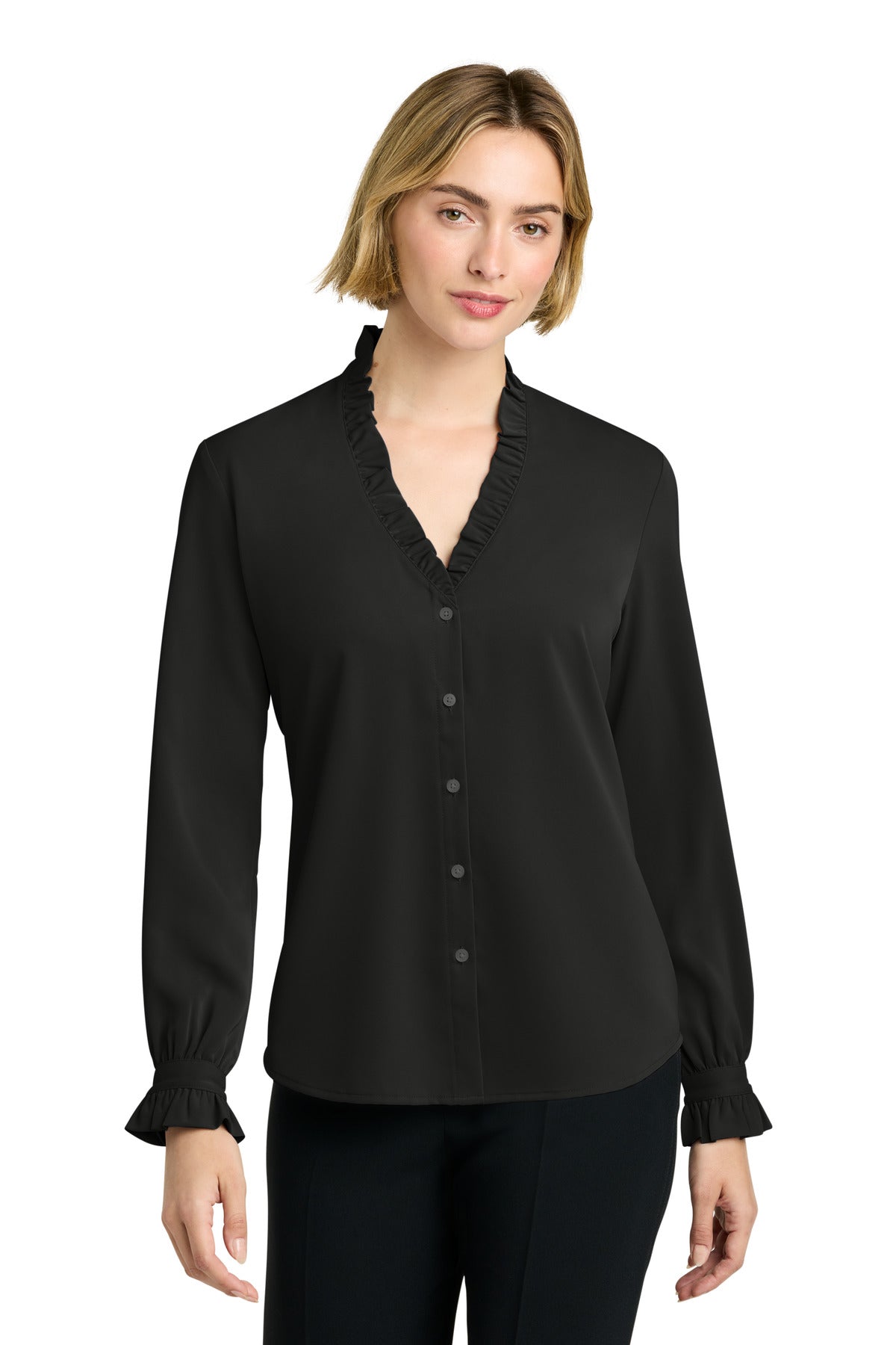 Brooks Brothers® Women's Long Sleeve Ruffle Collar Blouse BB18011 - Deep Black - 2XL