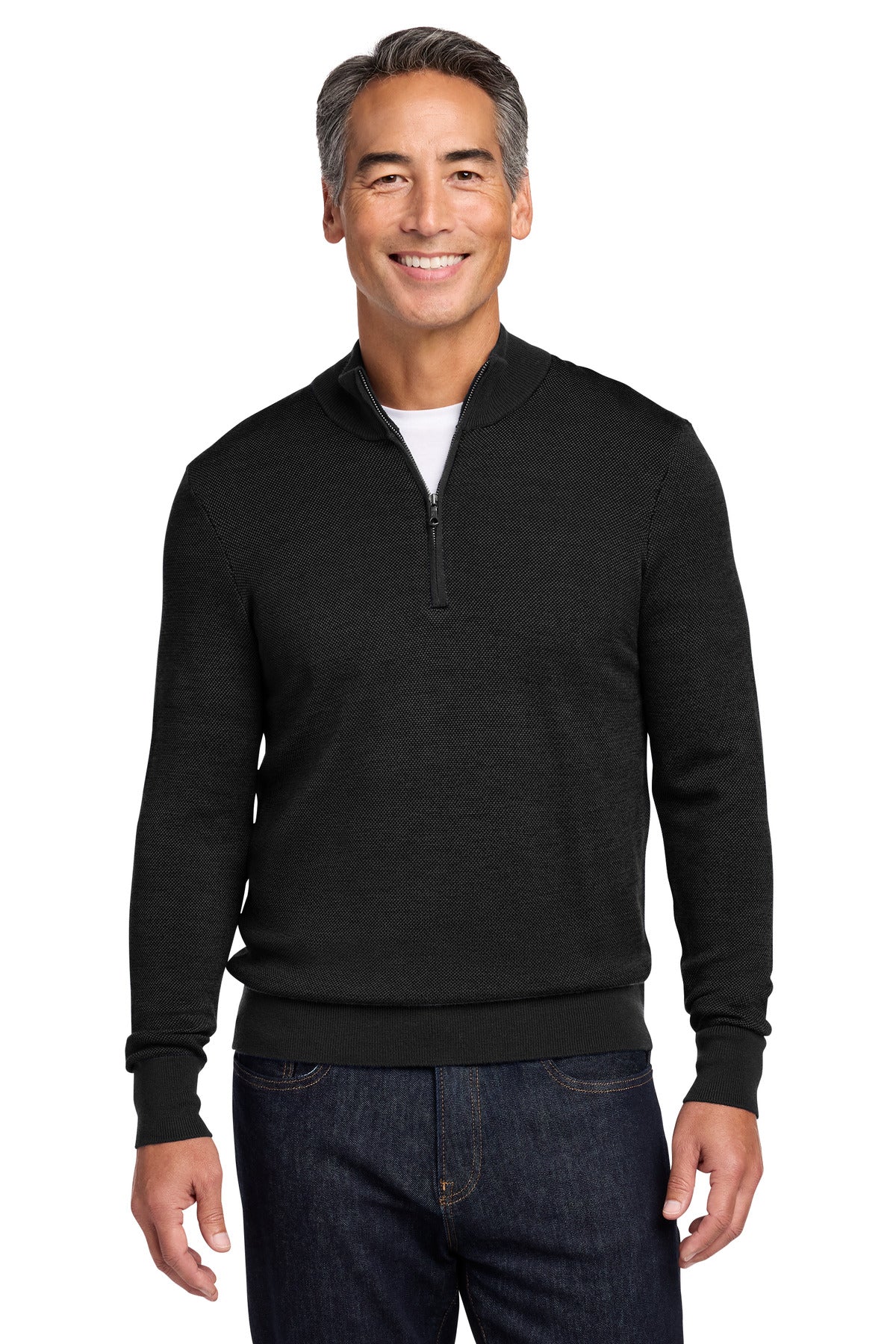 Brooks Brothers® Washable Merino Birdseye 1/4-Zip Sweater BB18412 - Deep Black - 2XL