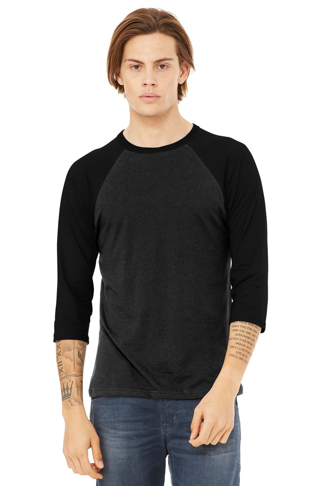 BELLA+CANVAS ® Unisex 3/4-Sleeve Baseball Tee. BC3200 - Black Heather/ Black - 2XL