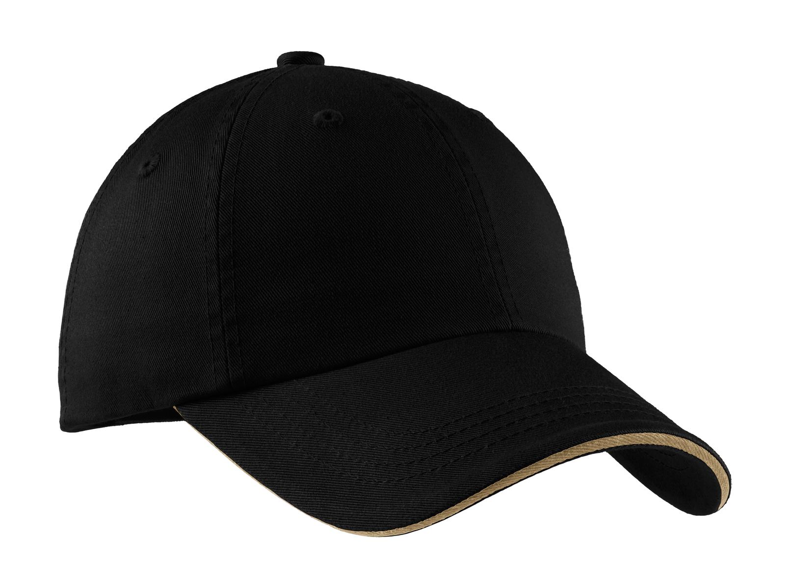 Port Authority® Sandwich Bill Cap with Striped Closure.  C830 - Black/ Khaki - OSFA