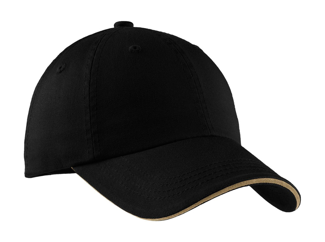 Port Authority® Sandwich Bill Cap with Striped Closure.  C830 - Black/ Khaki - OSFA