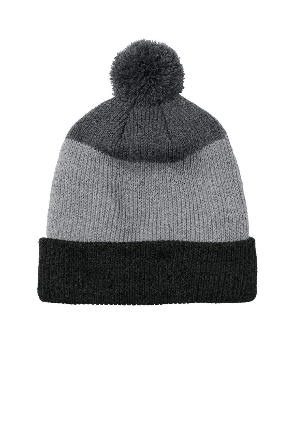 Port Authority® Cozy Striped Pom Beanie C979 - Deep Black/ Gusty Grey/ Storm Grey - OSFA