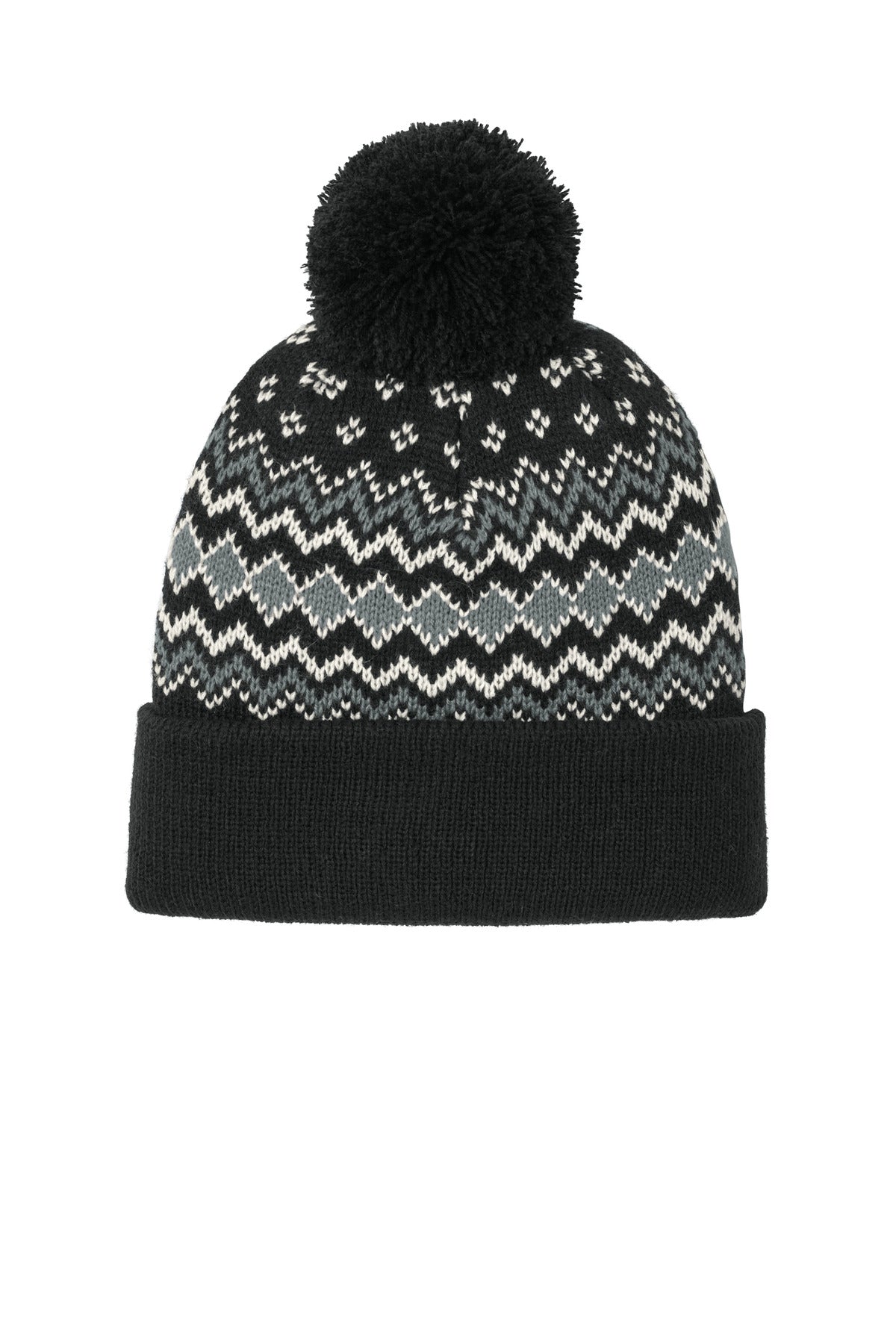 Port Authority® Alpine Pom Beanie C991 - Deep Black/ Gusty Grey/ Marshmallow - OSFA