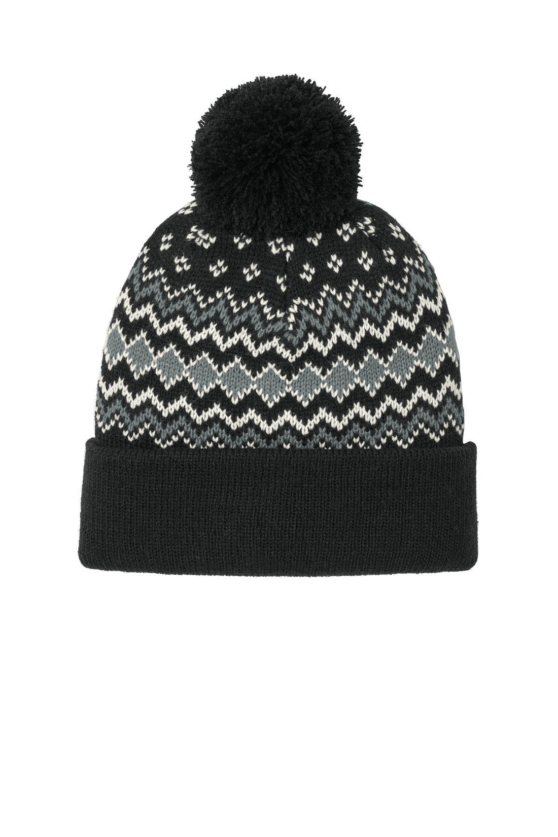 Port Authority® Alpine Pom Beanie C991 - Deep Black/ Gusty Grey/ Marshmallow - OSFA