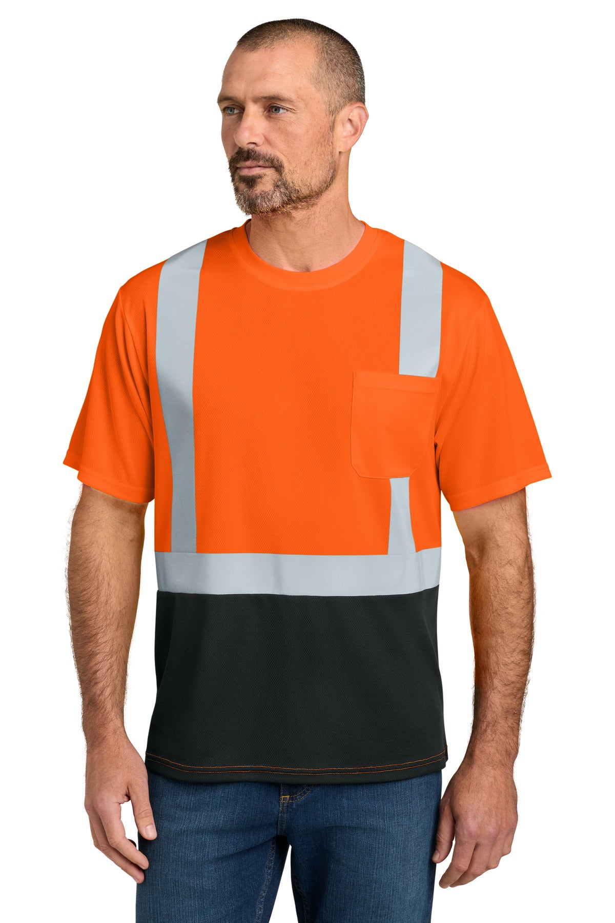 CornerStone® ANSI 107 Class 2 Short Sleeve Mesh Blocked Tee CS205 - Safety Orange/ Black - 2XL