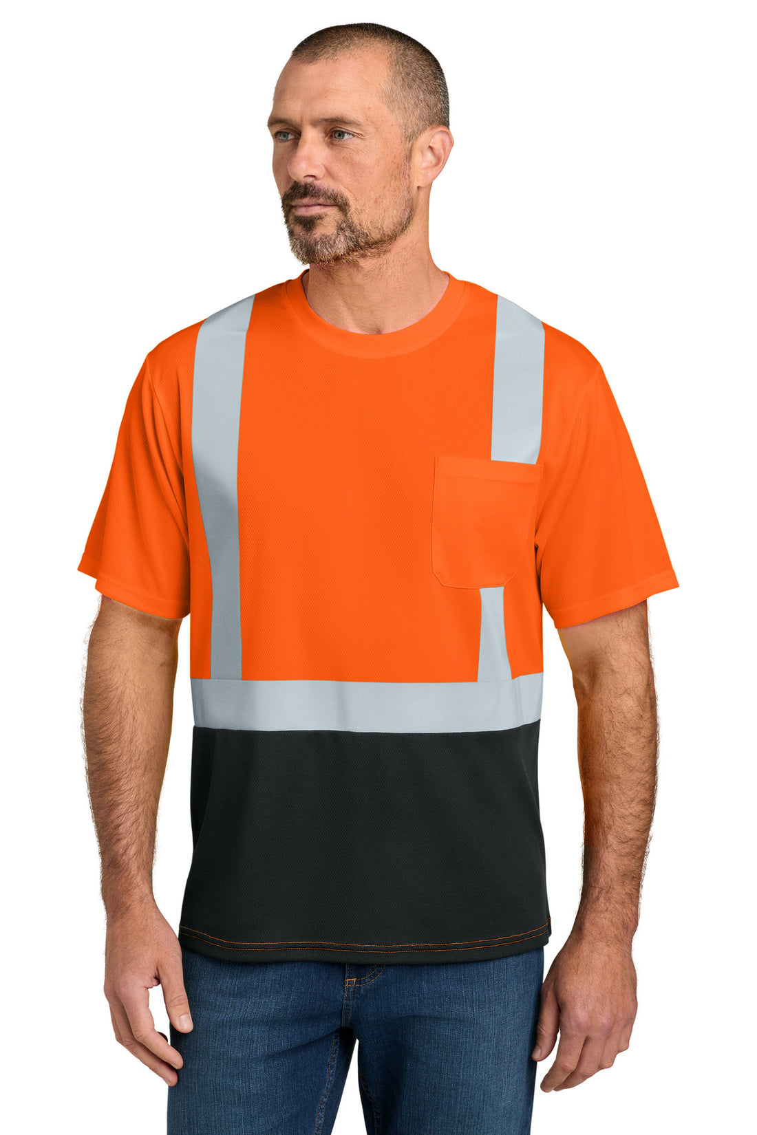 CornerStone® ANSI 107 Class 2 Short Sleeve Mesh Blocked Tee CS205 - Safety Orange/ Black - 2XL