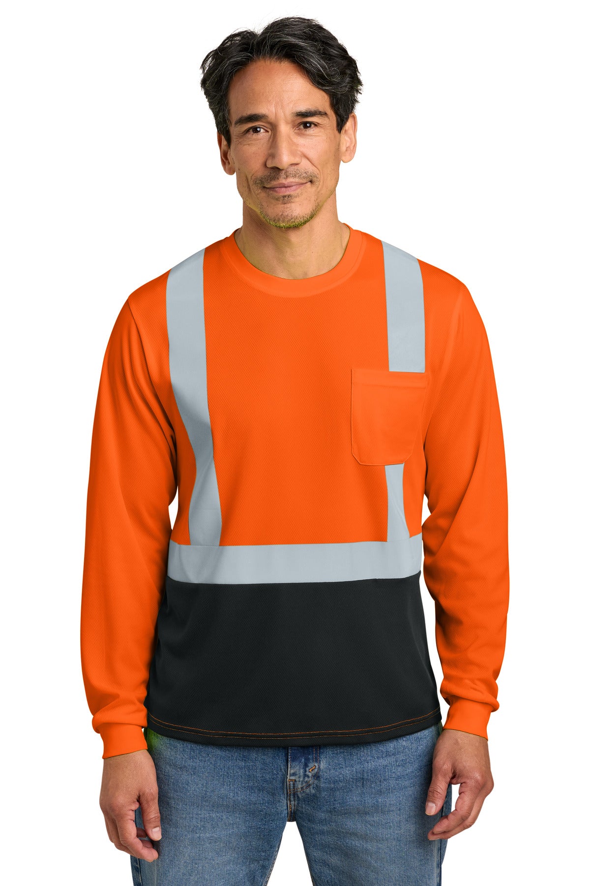 CornerStone® ANSI 107 Class 2 Long Sleeve Mesh Blocked Tee CS207 - Safety Orange/ Black - 2XL