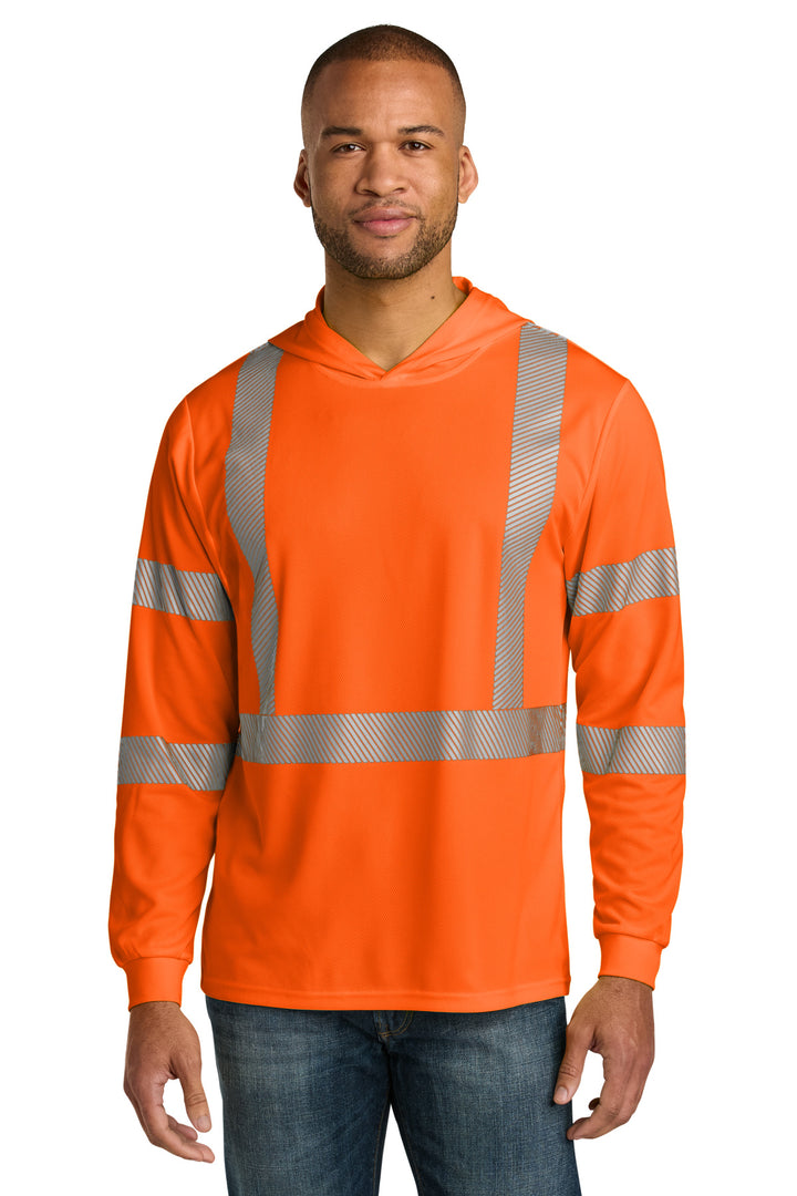 CornerStone® ANSI 107 Class 3 Long Sleeve Segmented Tape Hooded Tee CS208 - Safety Orange - 2XL