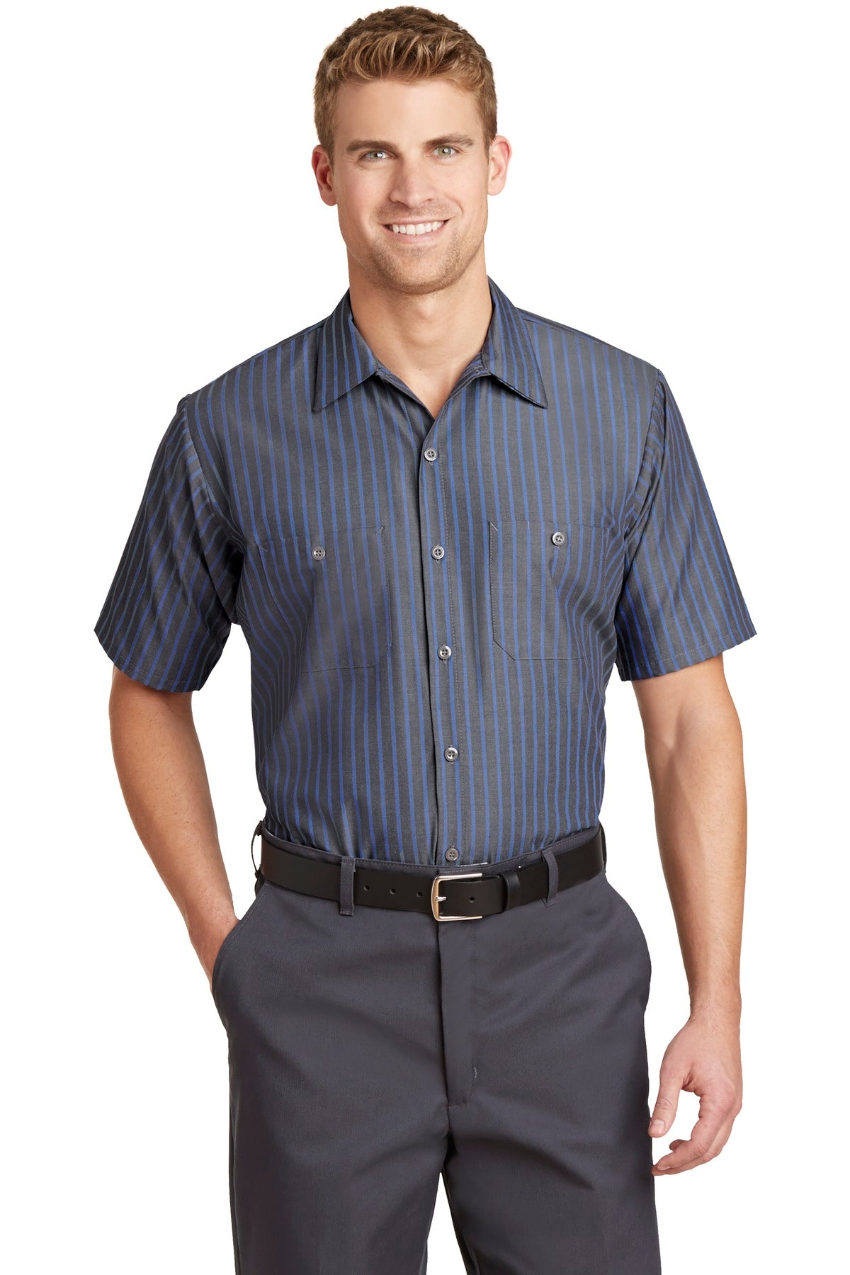Red Kap® Short Sleeve Striped Industrial Work Shirt.  CS20 - Grey/ Blue - 2XLR