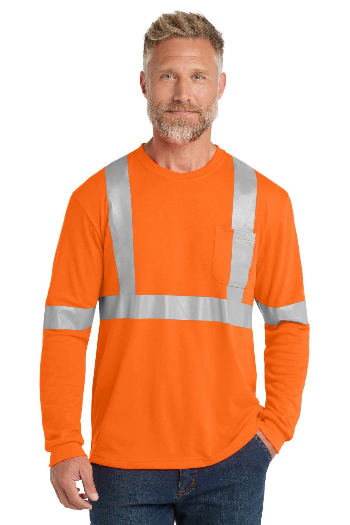 CornerStone® ANSI 107 Class 2 Long Sleeve Safety T-Shirt. CS401LS - Safety Orange/ Reflective - 2XL