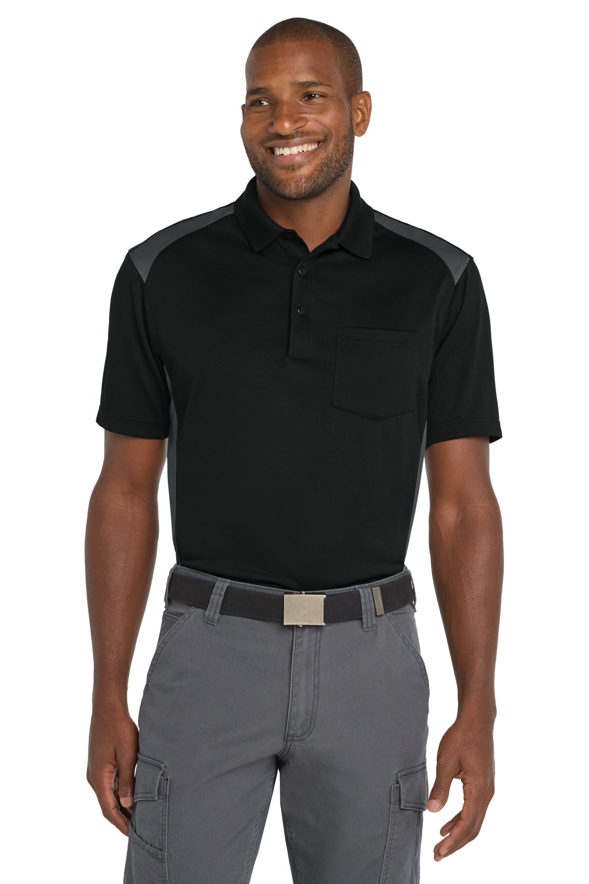 CornerStone® Select Snag-Proof Two Way Colorblock Pocket Polo. CS416 - Black/ Charcoal - 2XL