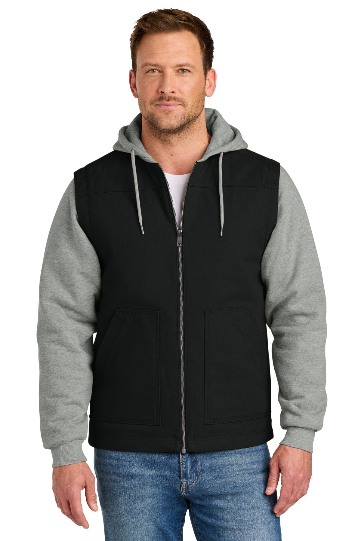 CornerStone® Duck Fleece Full-Zip Hooded Jacket CSJ42 - Black/ Heather Grey - 2XL
