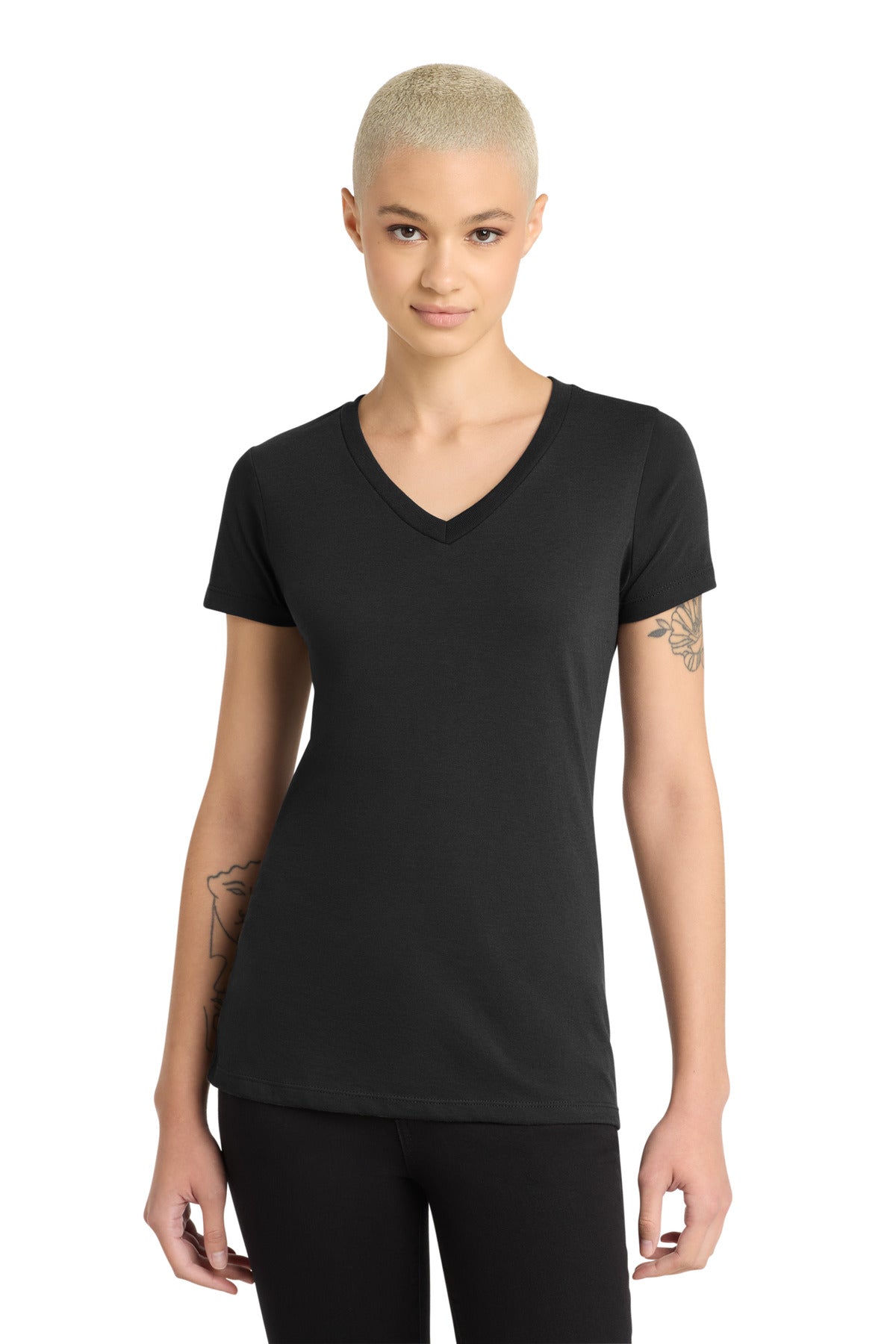 District® Women's Perfect Blend® CVC V-Neck Tee. DM1190L - Black - XS