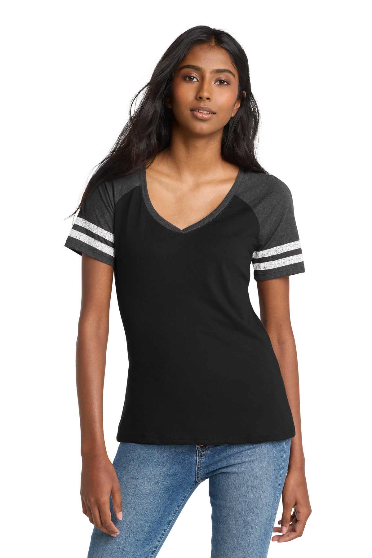 District ® Women's Game V-Neck Tee. DM476 - Black/ Heathered Charcoal - XS