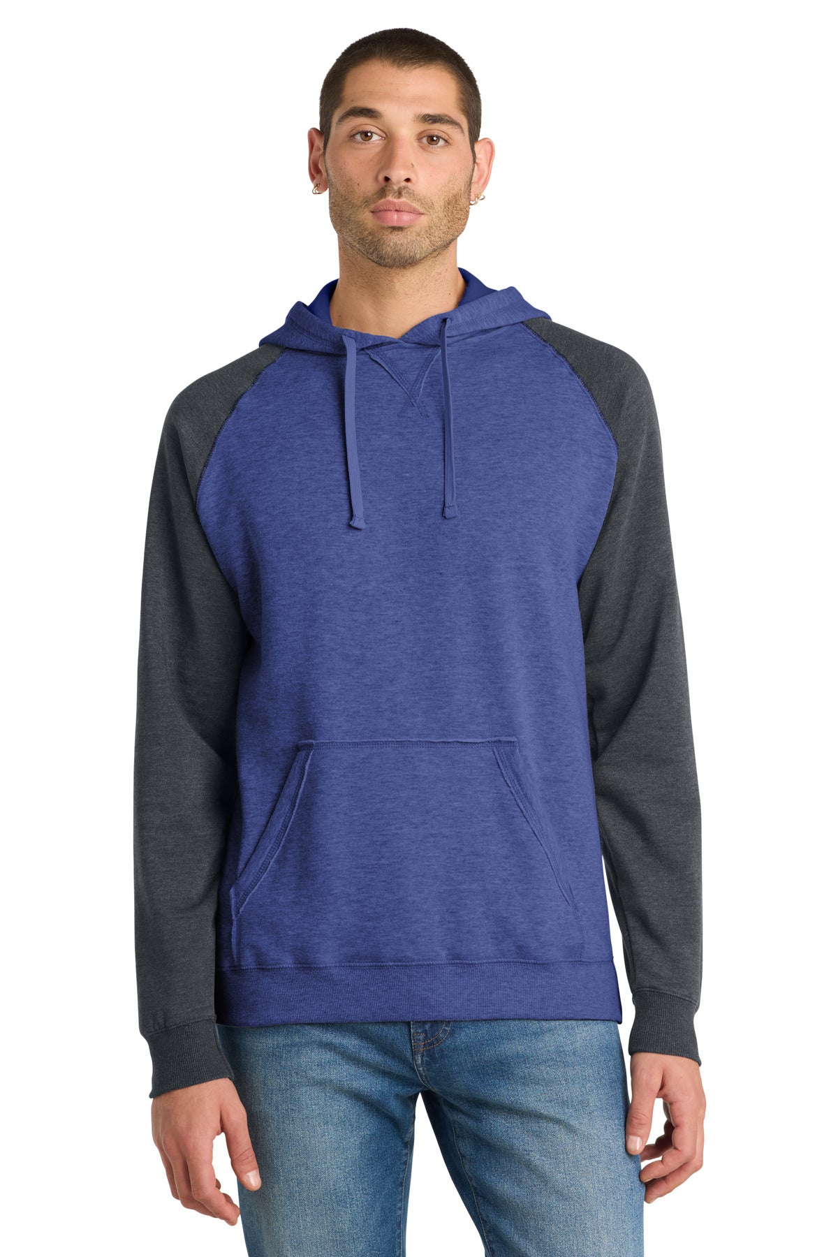 District® Young Mens Lightweight Fleece Raglan Hoodie.  DT196 - Heathered Deep Royal/ Heathered Charcoal - 2XL