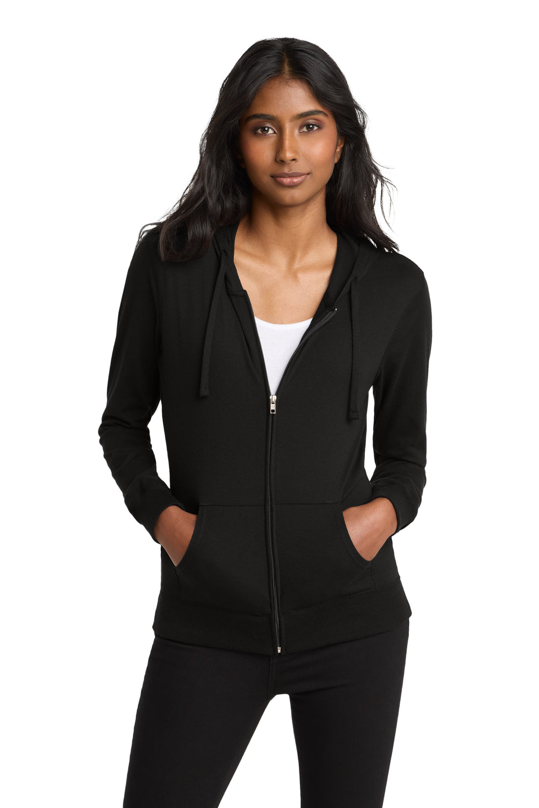 District® Women's Fitted Jersey Full-Zip Hoodie. DT2100 - Black - XS