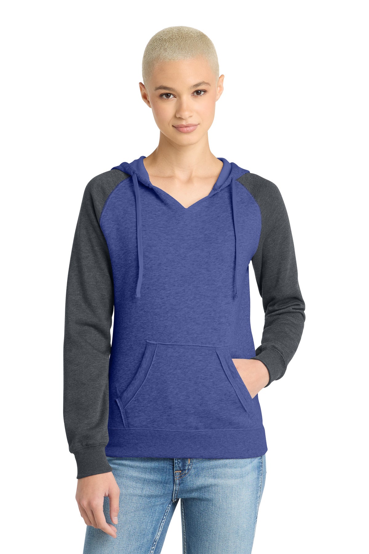 District® Women's Lightweight Fleece Raglan Hoodie.  DT296 - Heathered Deep Royal/ Heathered Charcoal - XS