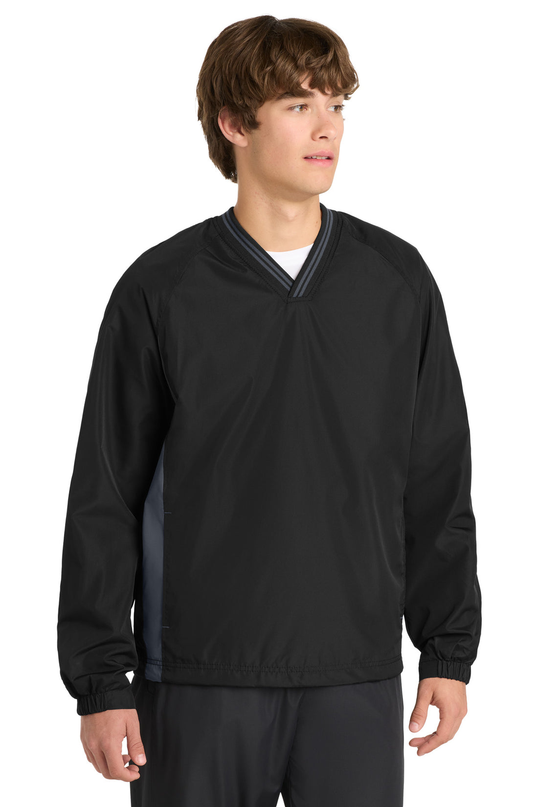 Sport-Tek® Tipped V-Neck Raglan Wind Shirt. JST62 - Black/ Graphite - 2XL