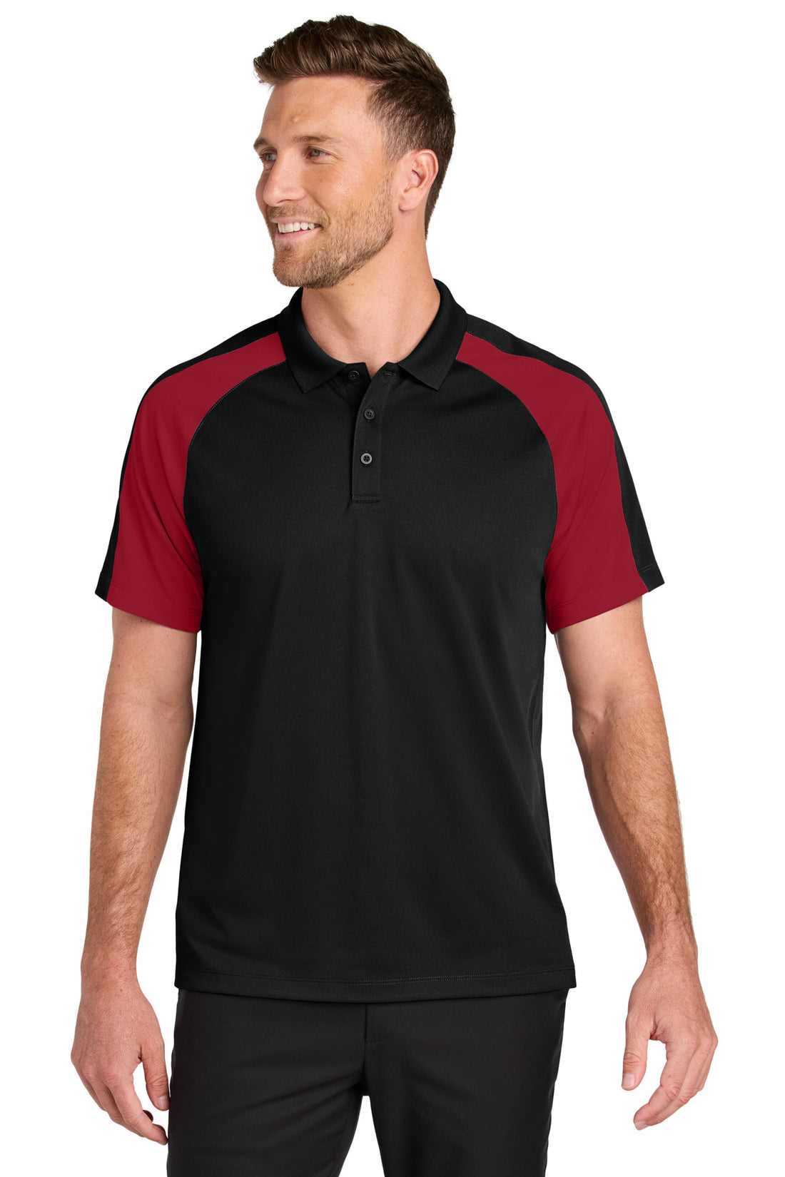 Port Authority® Wearever Performance Pique Colorblock Polo K247 - Deep Black/ Rich Red - 2XL