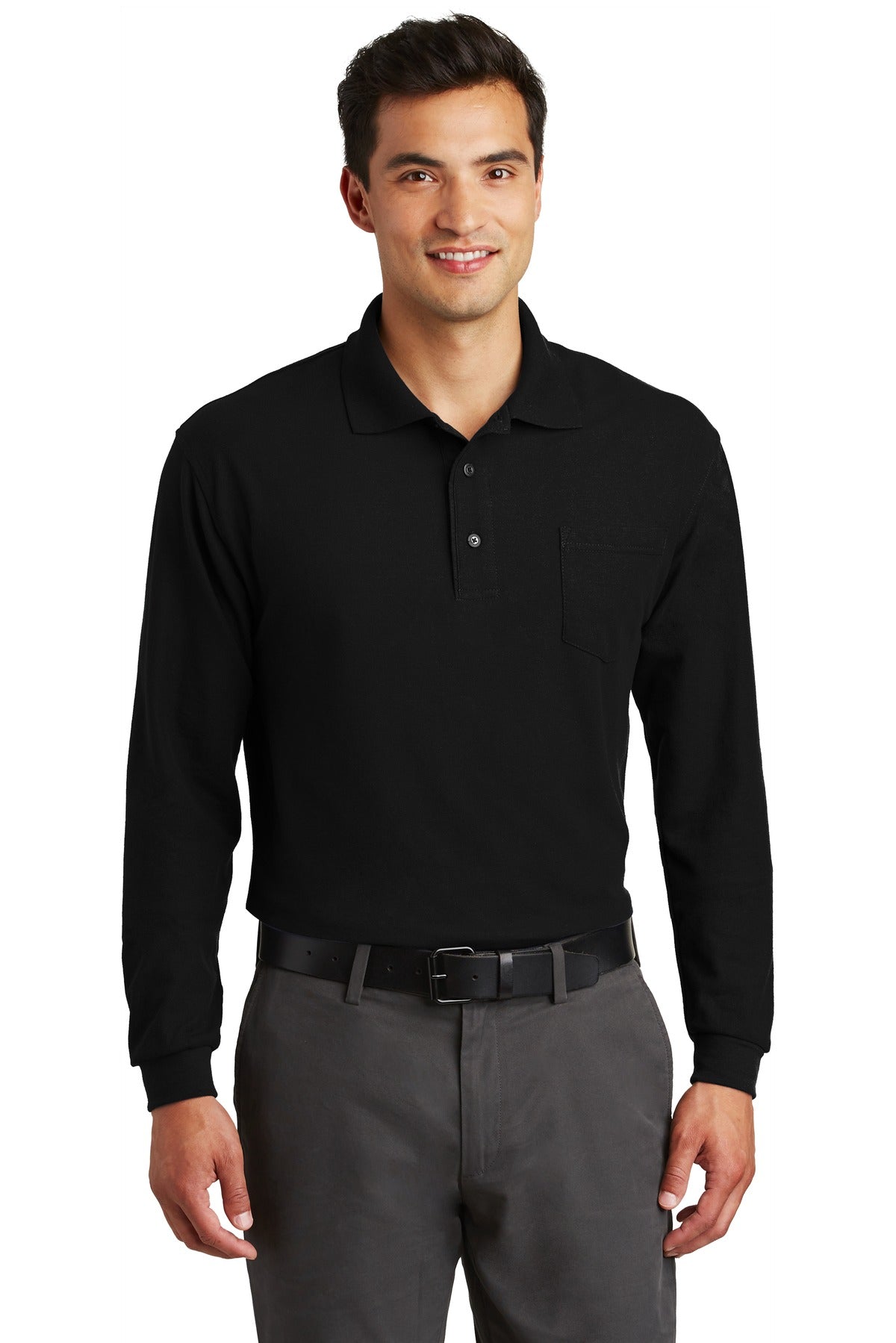 Port Authority® Long Sleeve Silk Touch Polo with Pocket.  K500LSP - Black - 2XL