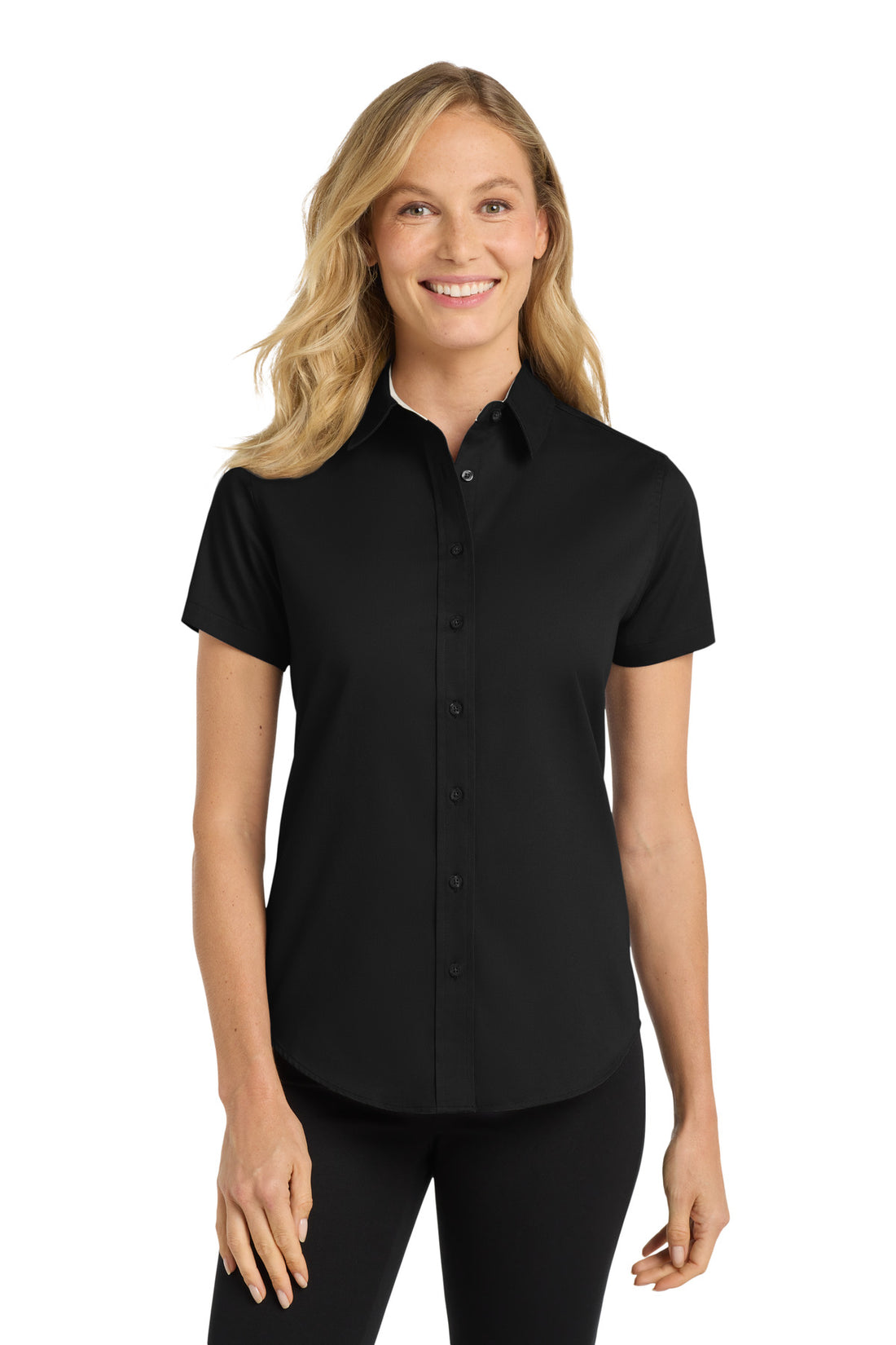 Port Authority® Women's Short Sleeve Easy Care  Shirt.  L508 - Black/ Light Stone - XS