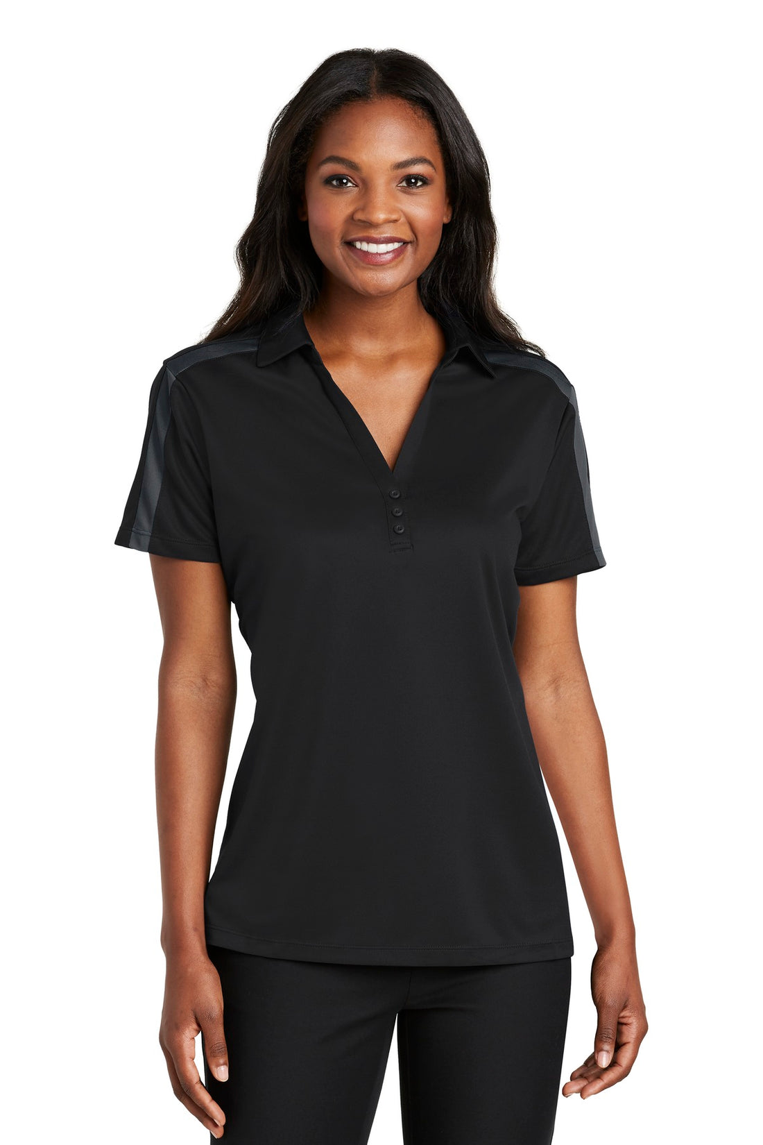 Port Authority® Women's Silk Touch Performance Colorblock Stripe Polo. L547 - Black/ Steel Grey - XS