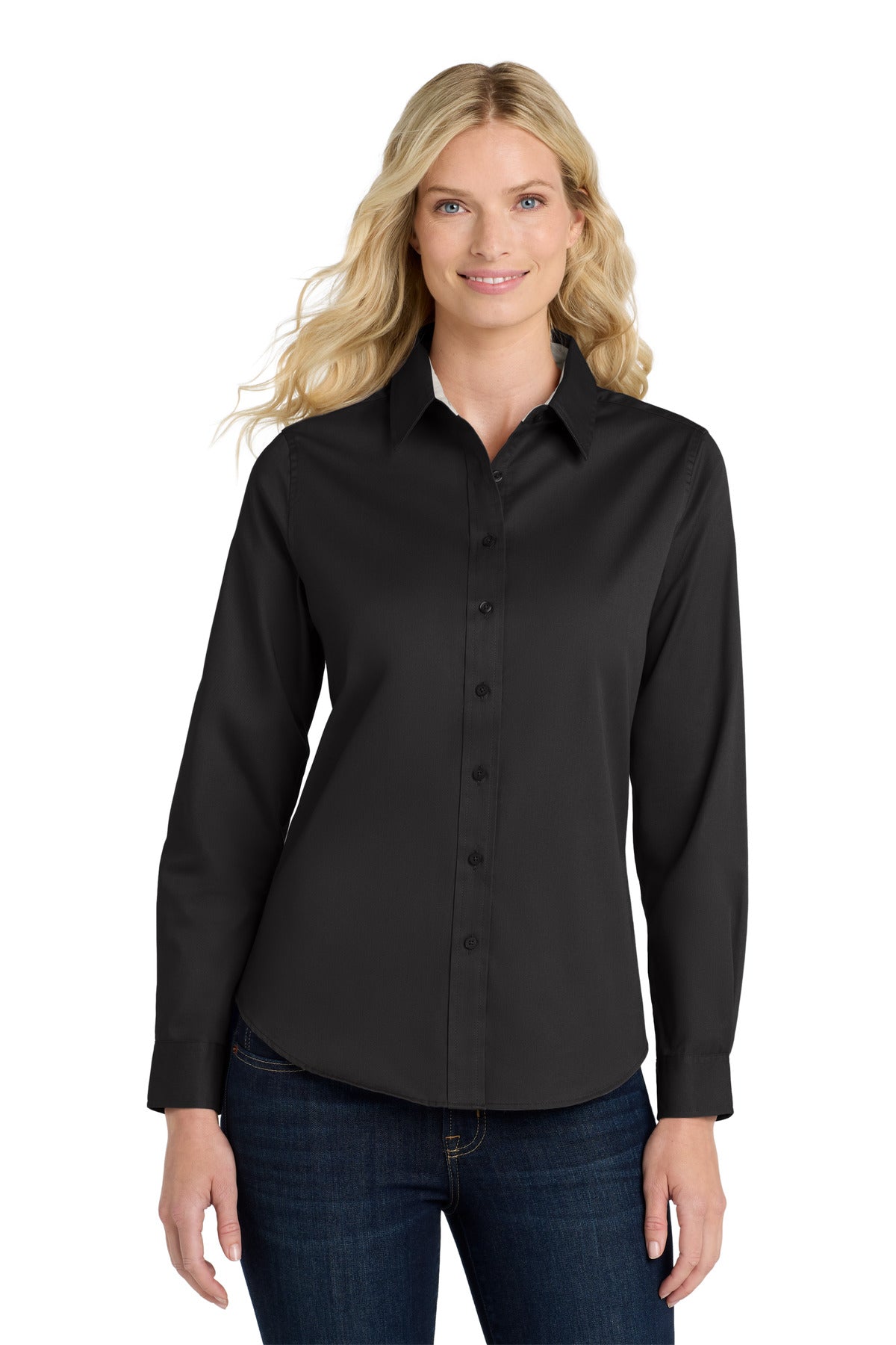 Port Authority® Women's Long Sleeve Easy Care Shirt.  L608 - Black/ Light Stone - XS