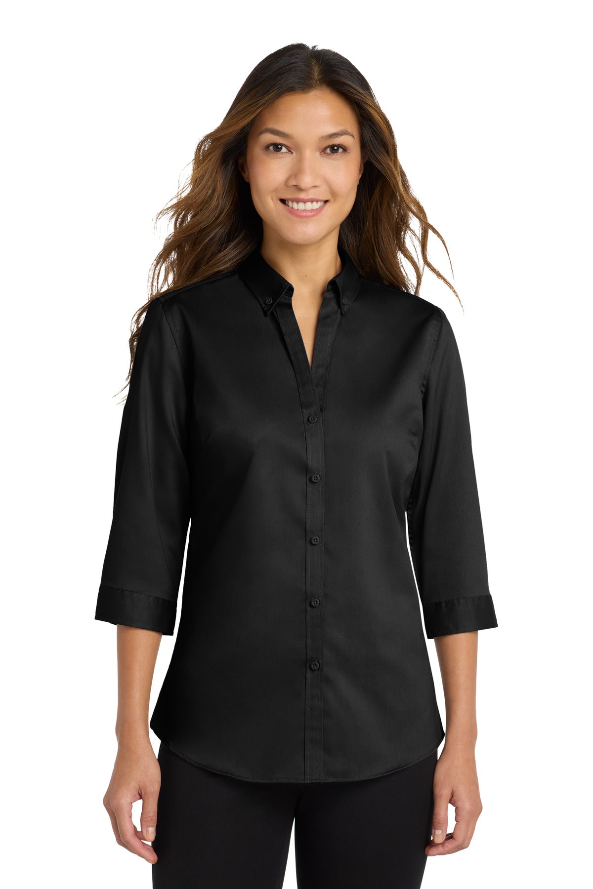 Port Authority® Women's 3/4-Sleeve SuperPro Twill Shirt. L665 - Black - XS