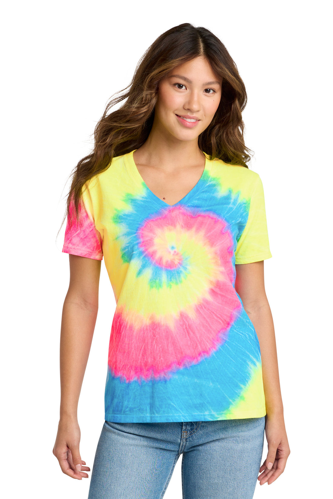 Port & Co® Women's Tie-Dye V-Neck Tee.  LPC147V - Neon Rainbow - XS