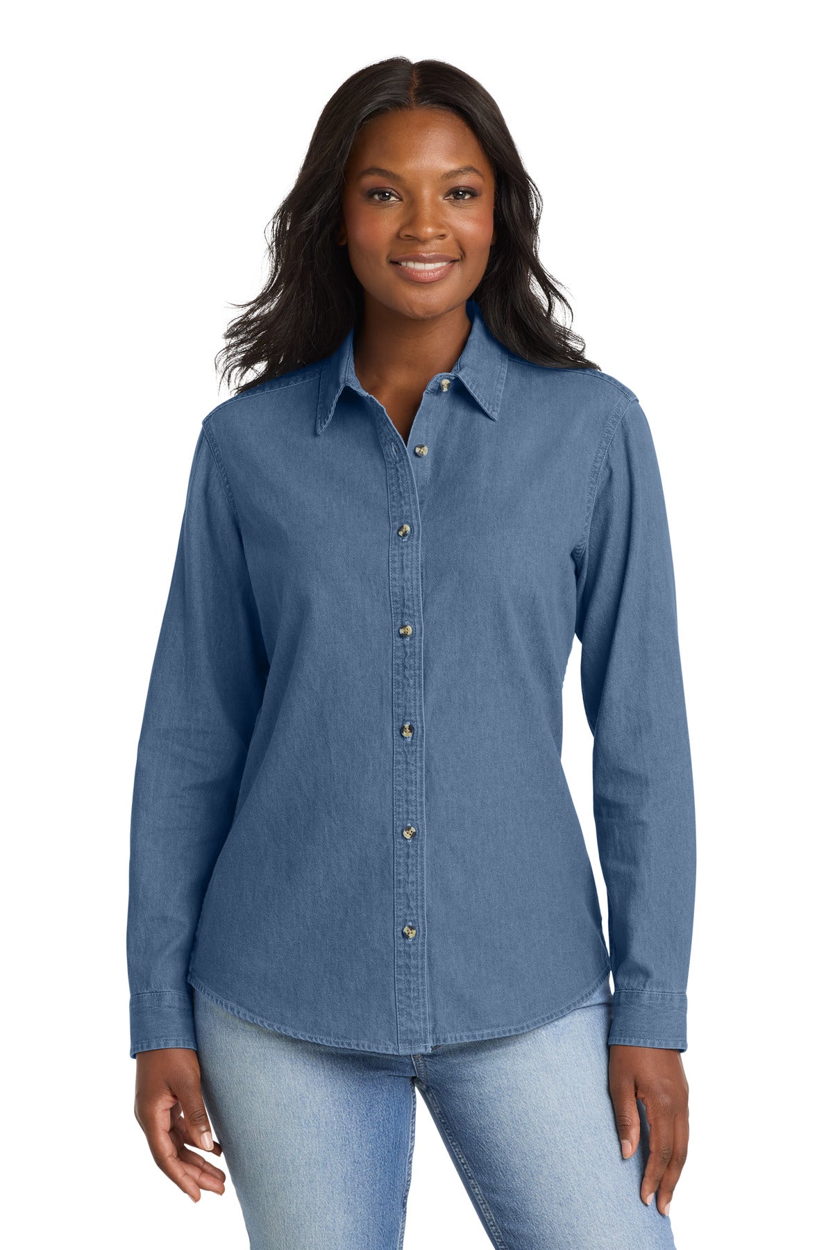 Port & Co® Women's Long Sleeve Value Denim Shirt.  LSP10 - Faded Blue - XS