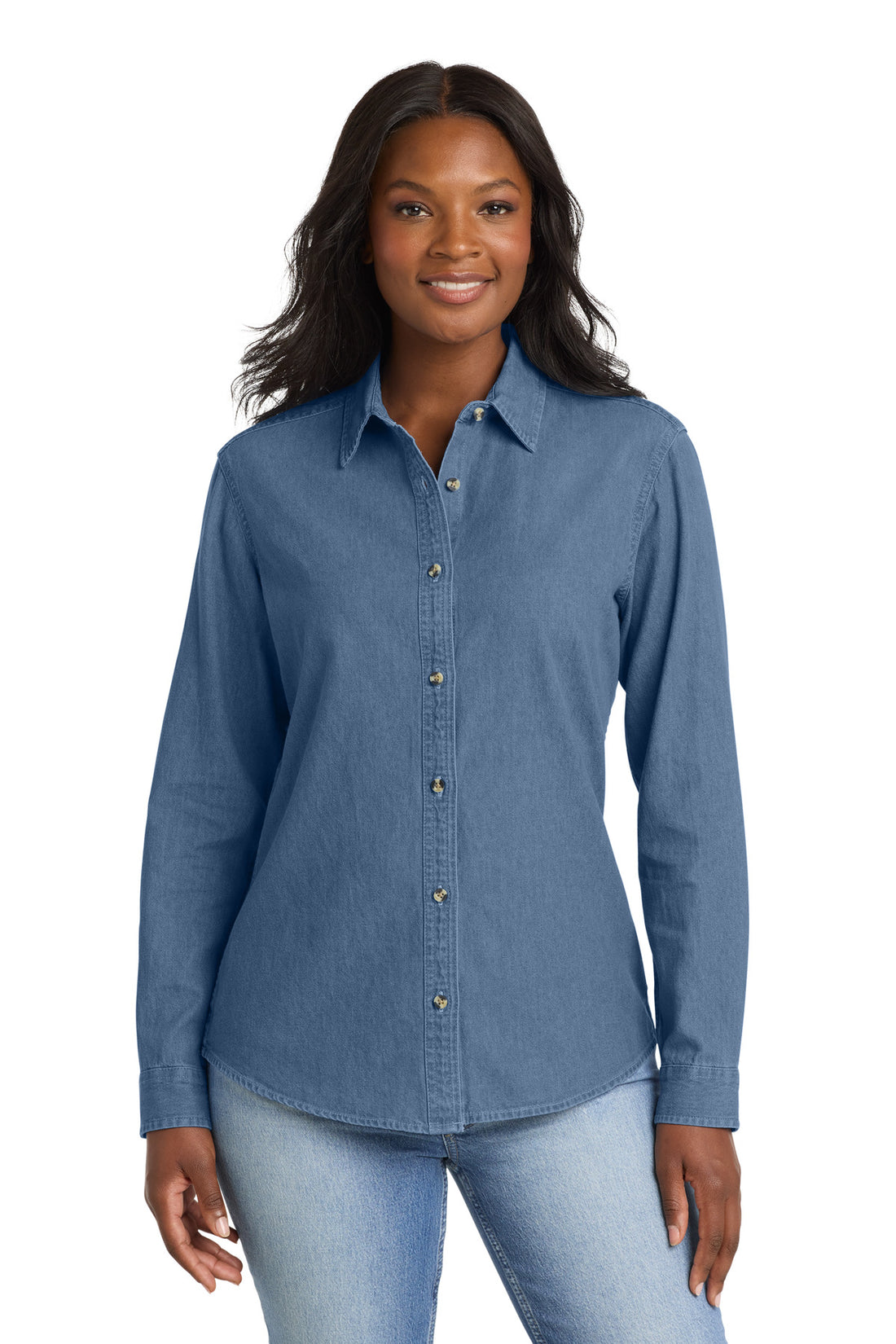 Port & Co® Women's Long Sleeve Value Denim Shirt.  LSP10 - Faded Blue - XS