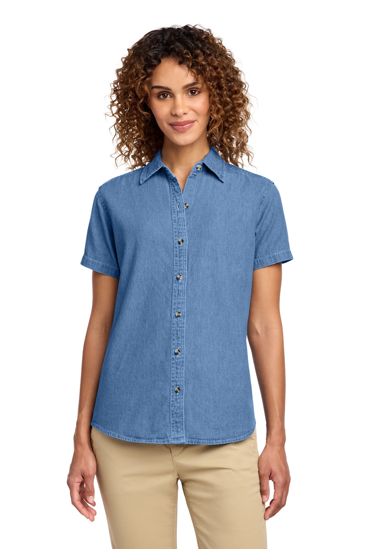Port & Co® Women's Short Sleeve Value Denim Shirt.  LSP11 - Faded Blue - XS