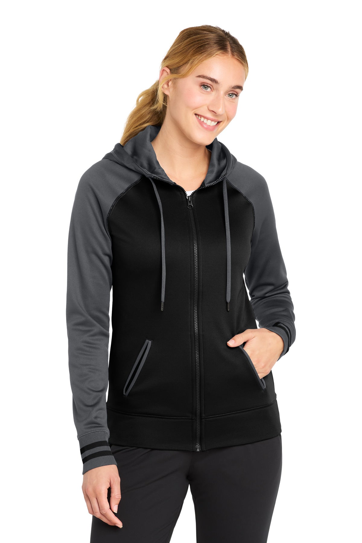 Sport-Tek® Women's Sport-Wick® Varsity Fleece Full-Zip Hooded Jacket. LST236 - Black/ Dark Smoke Grey - XS