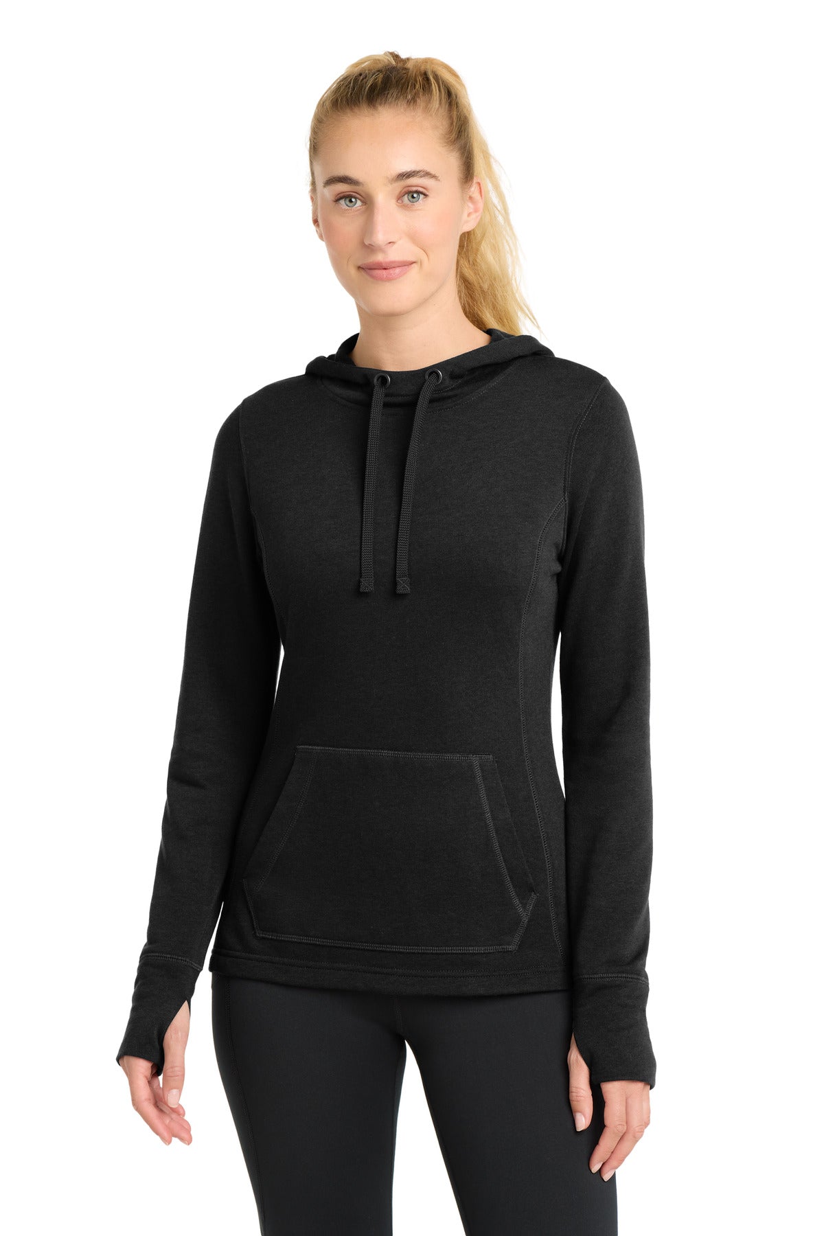 Sport-Tek ® Women's PosiCharge ® Tri-Blend Wicking Fleece Hooded Pullover. LST296 - Black Triad Solid - XS
