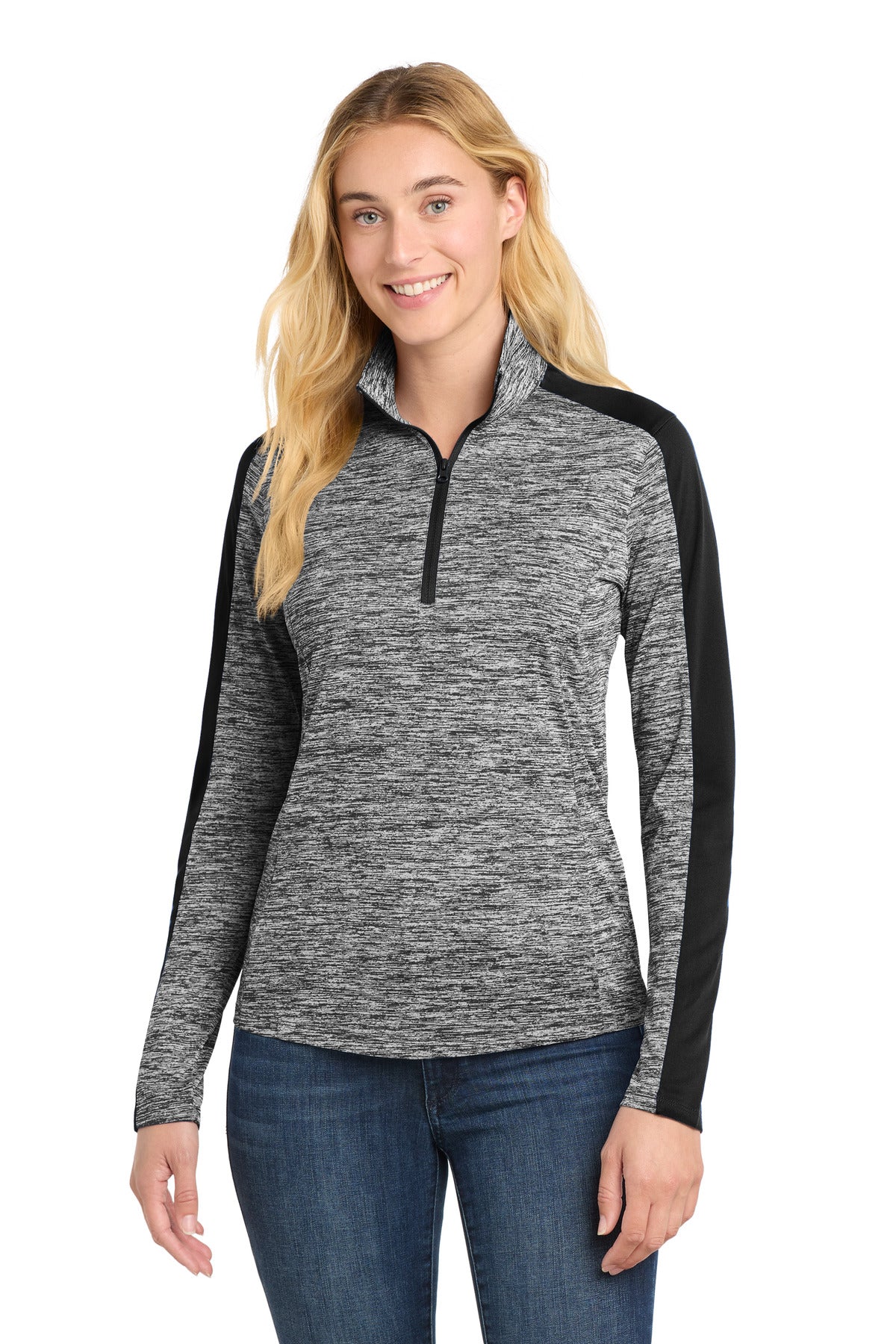 Sport-Tek® Women's PosiCharge® Electric Heather Colorblock 1/4-Zip Pullover. LST397 - Black Electric/ Black - XS