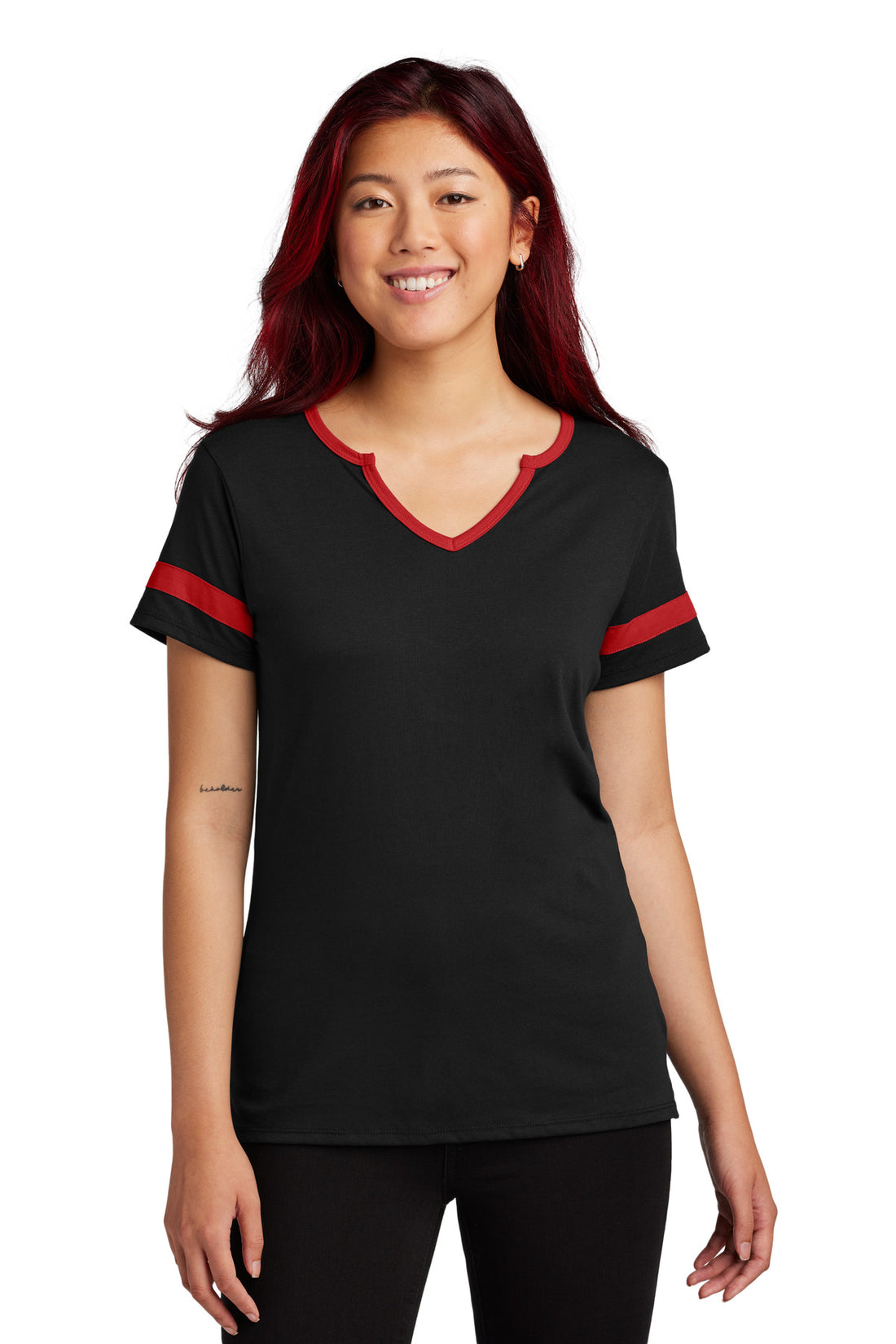 Sport-Tek® Women's Halftime Notch Neck Tee LST6041 - Black/ Deep Red - 3XL