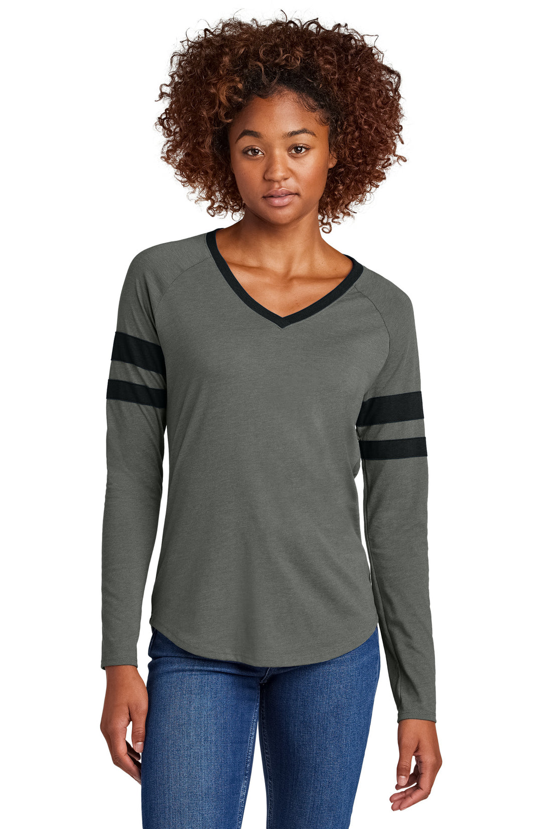 Sport-Tek® Women's Halftime Stripe Long Sleeve V-Neck Tee LST6043 - Black/ Vintage Heather - 3XL