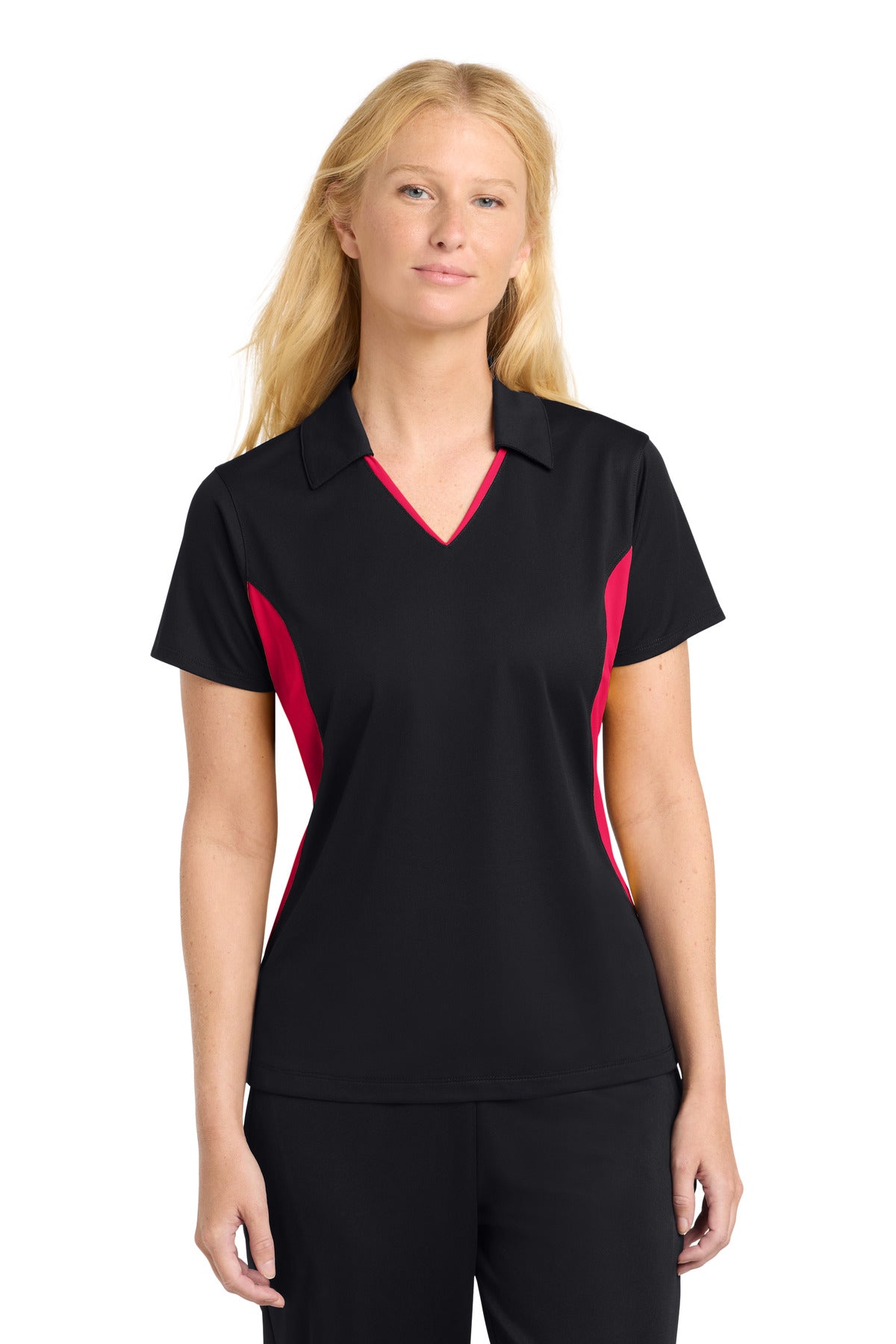 Sport-Tek® Women's Side Blocked Micropique Sport-Wick® Polo. LST655 - Black/ Deep Red - 3XL