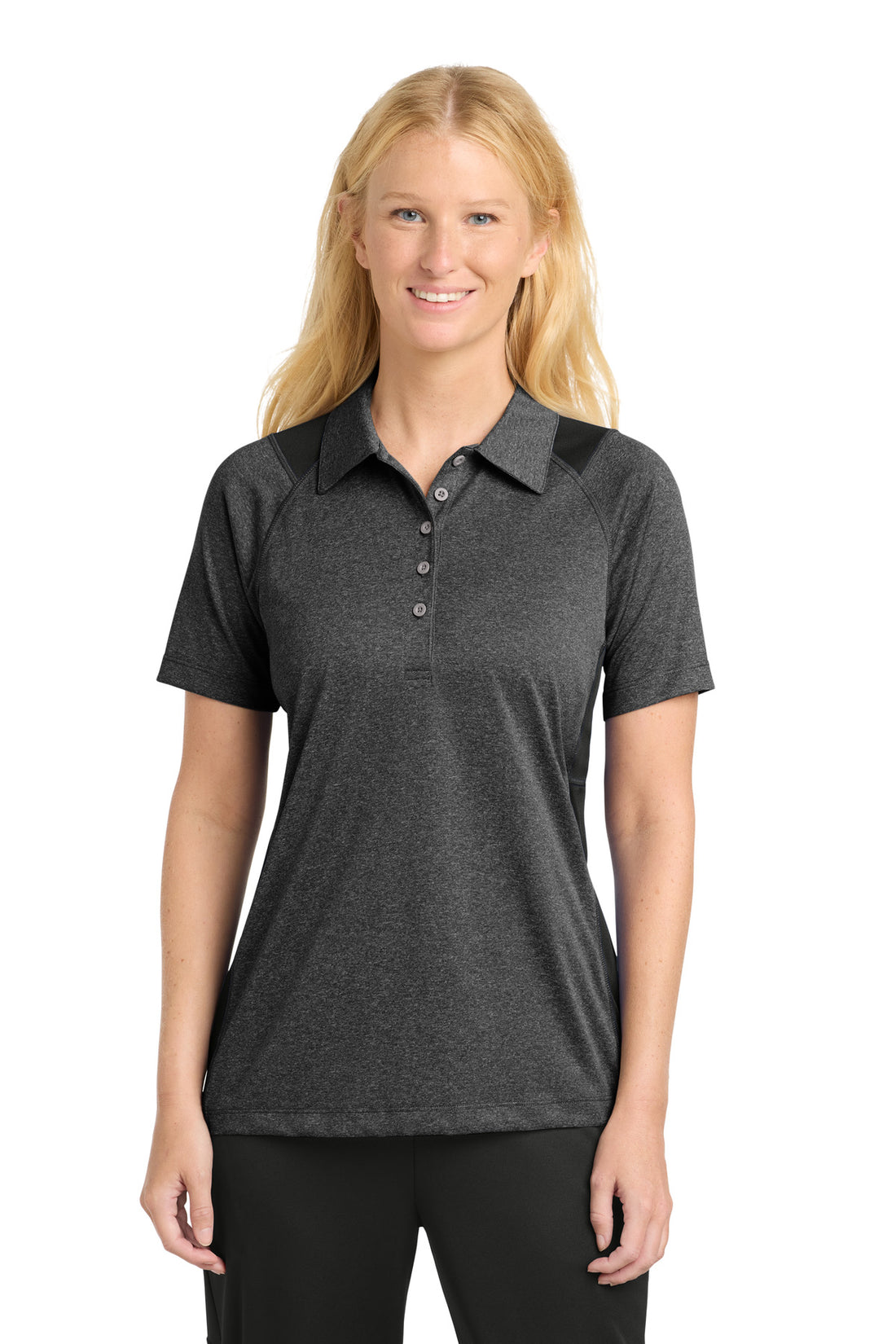 Sport-Tek® Women's Heather Colorblock Contender Polo. LST665 - Graphite Heather/ Black - XS