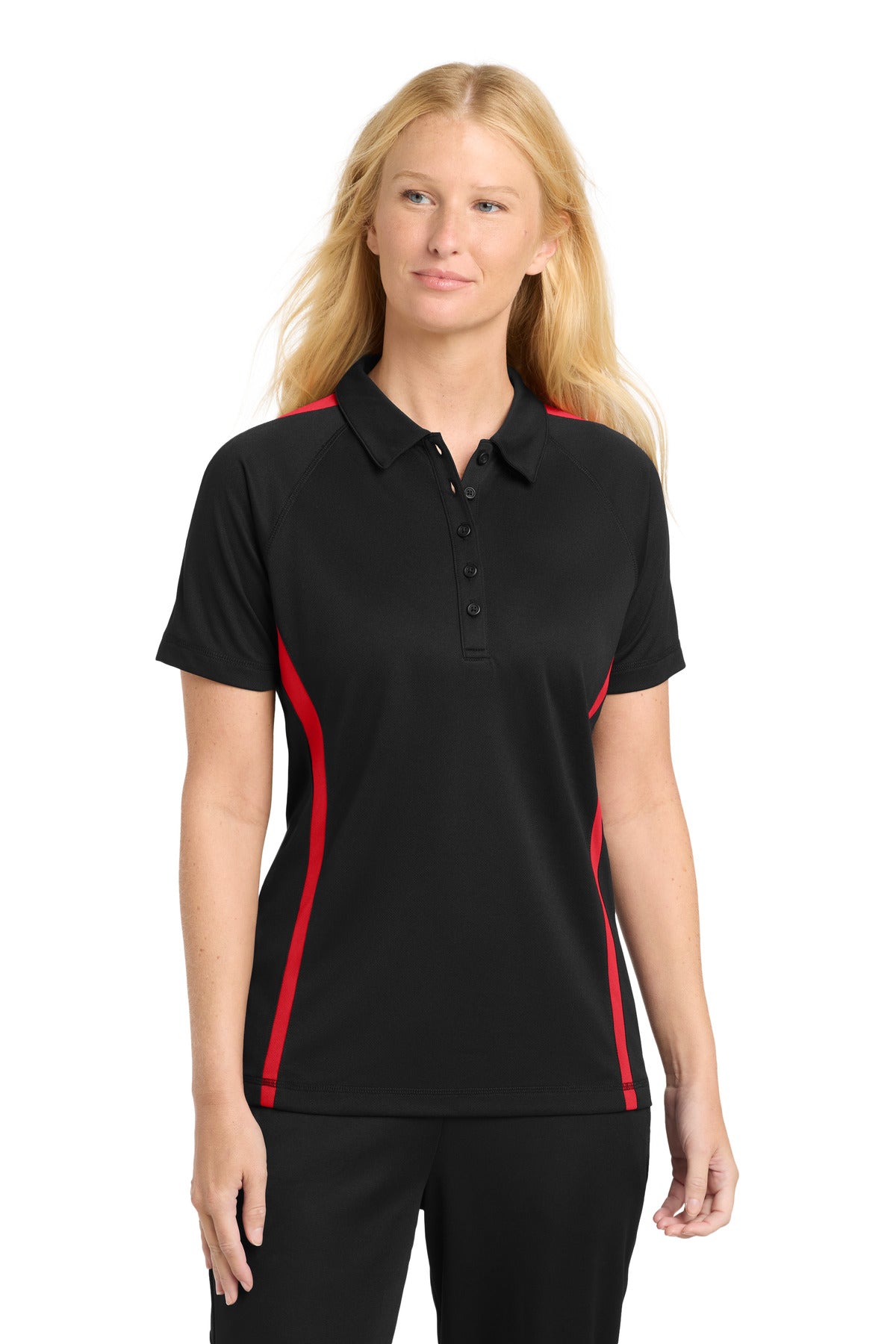 Sport-Tek® Women's PosiCharge® Micro-Mesh Colorblock Polo. LST685 - Black/ Red - XS