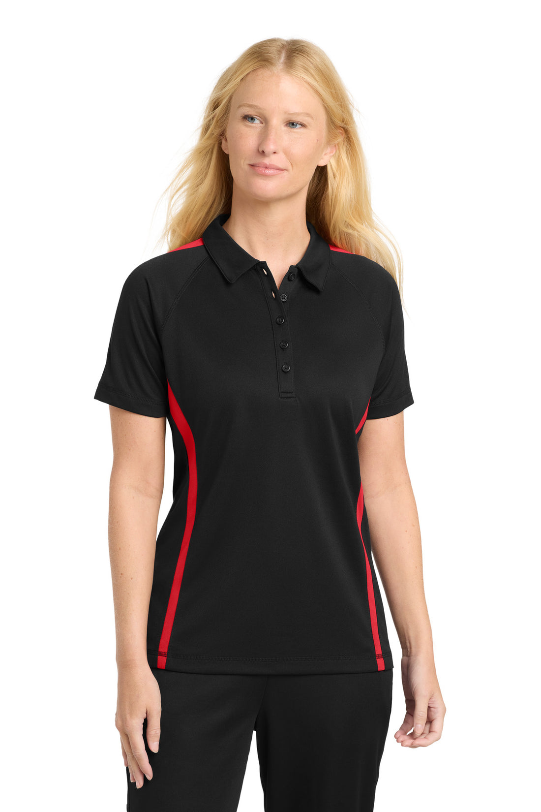 Sport-Tek® Women's PosiCharge® Micro-Mesh Colorblock Polo. LST685 - Black/ Red - XS
