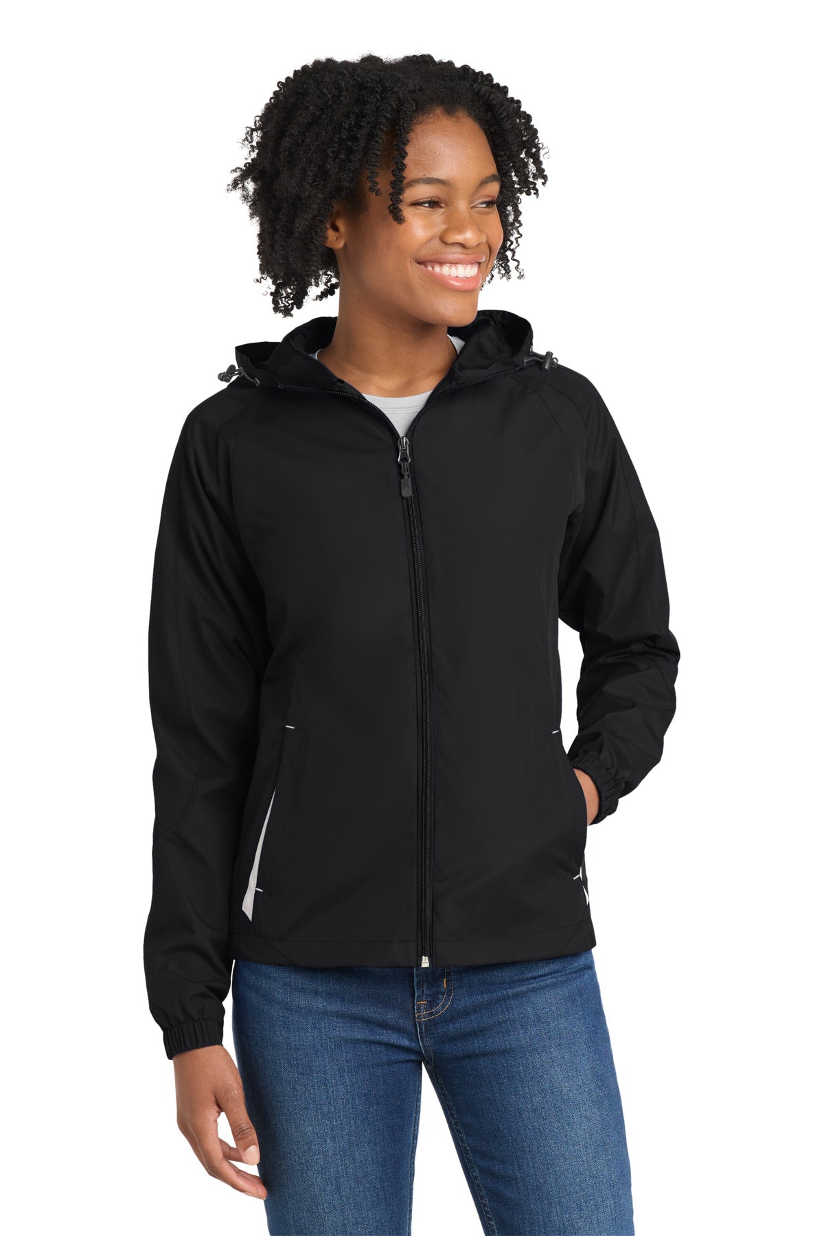 Sport-Tek® Women's Colorblock Hooded Raglan Jacket. LST76 - Black/ White - XS