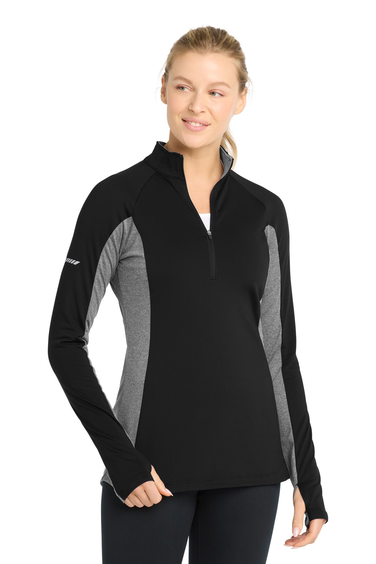 Sport-Tek® Women's Sport-Wick® Stretch Contrast 1/4-Zip Pullover. LST854 - Black/ Charcoal Grey Heather - XS