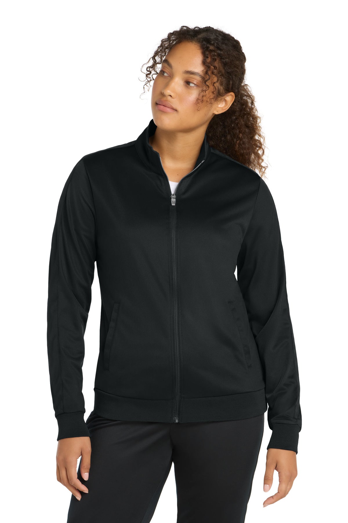 Sport-Tek ® Women's Tricot Sleeve Stripe Track Jacket. LST94 - Black/ Black - XS