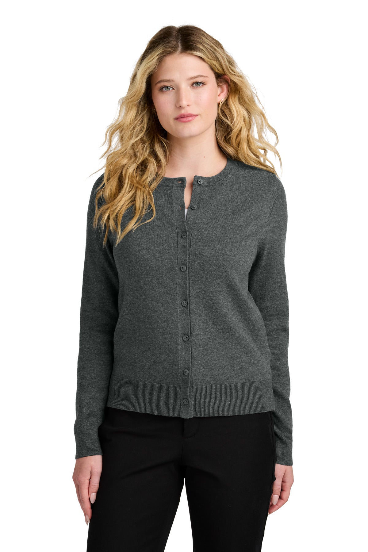 Port Authority® Women's Easy Care Crewneck Cardigan Sweater LSW2870 - Charcoal Heather - 3XL