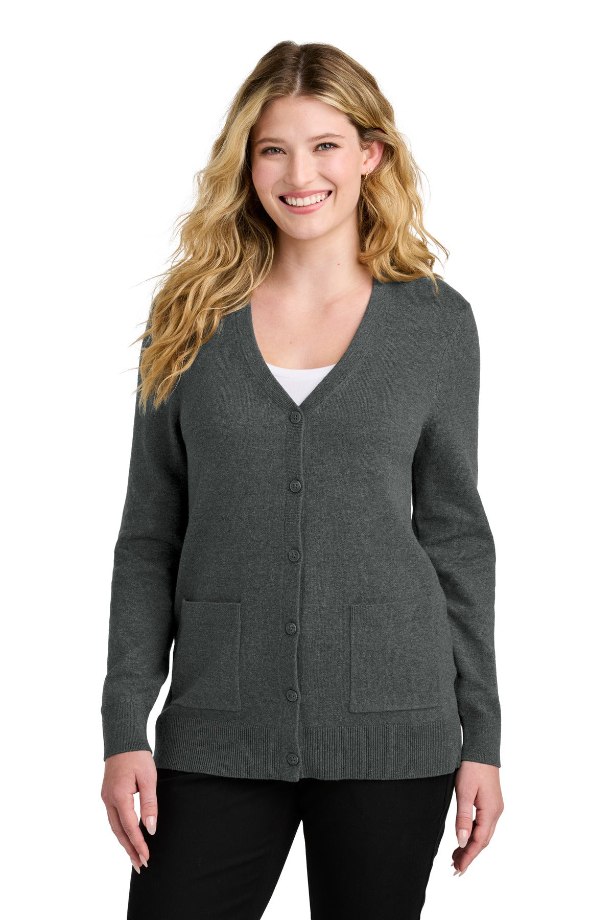 Port Authority® Women's Easy Care Button-Up Cardigan Sweater LSW4150 - Charcoal Heather - 3XL