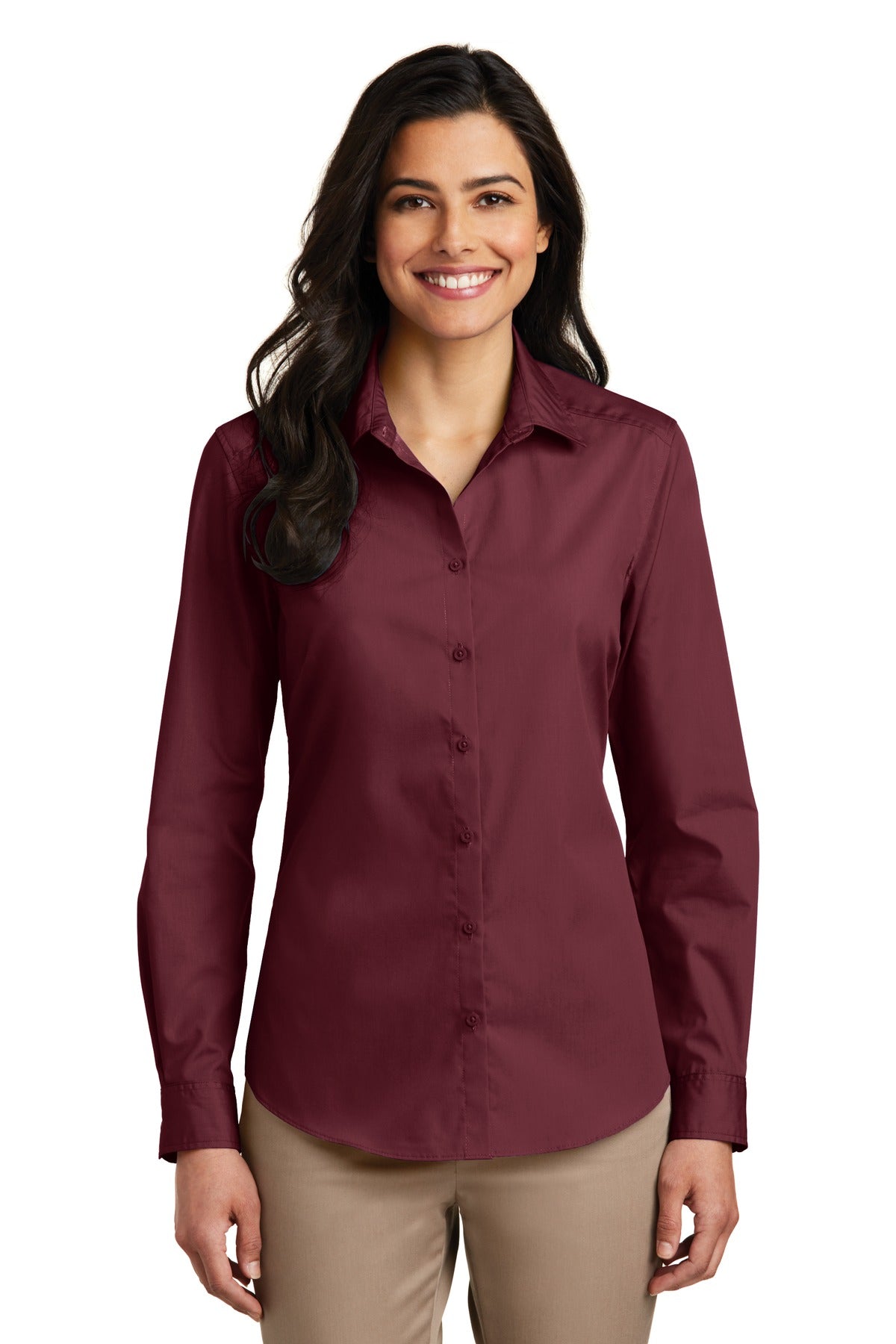 Port Authority® Women's Long Sleeve Carefree Poplin Shirt. LW100 - Burgundy - XS