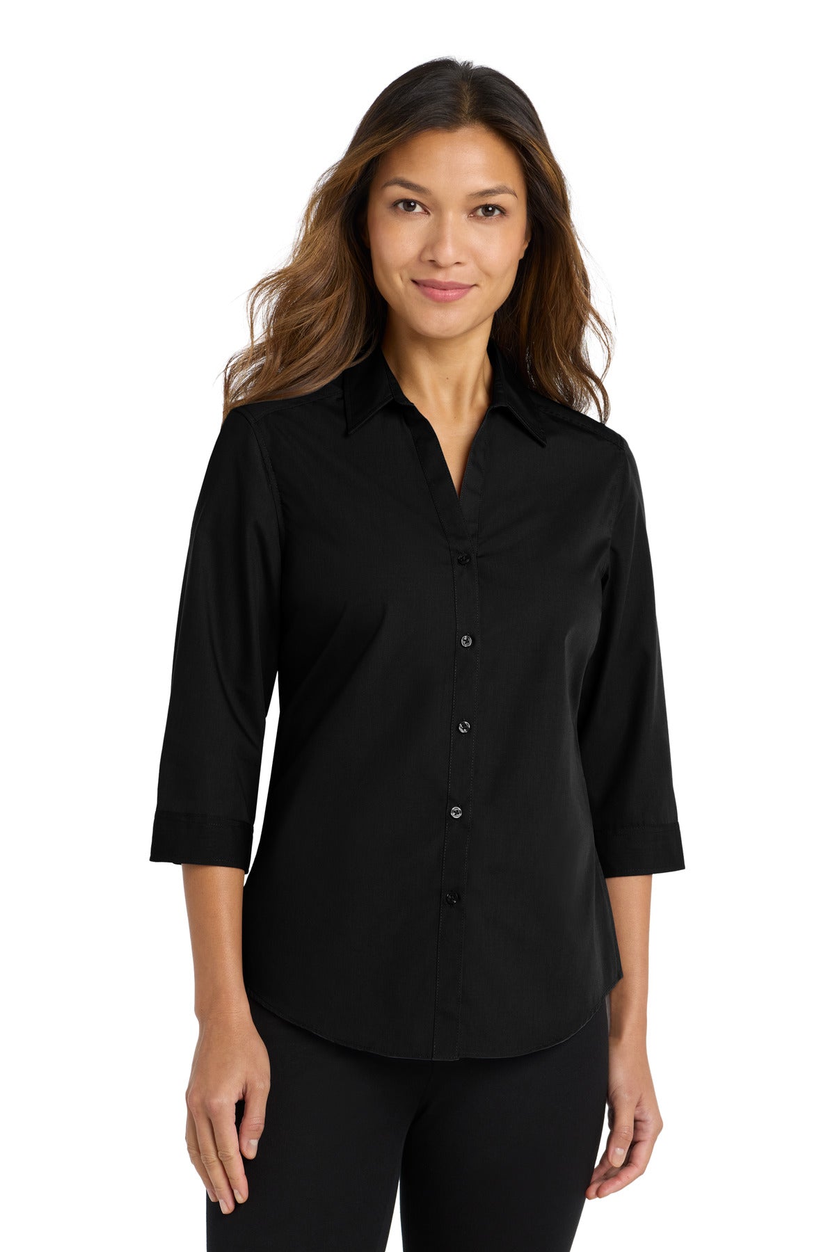 Port Authority® Women's 3/4-Sleeve Carefree Poplin Shirt. LW102 - Deep Black - XS