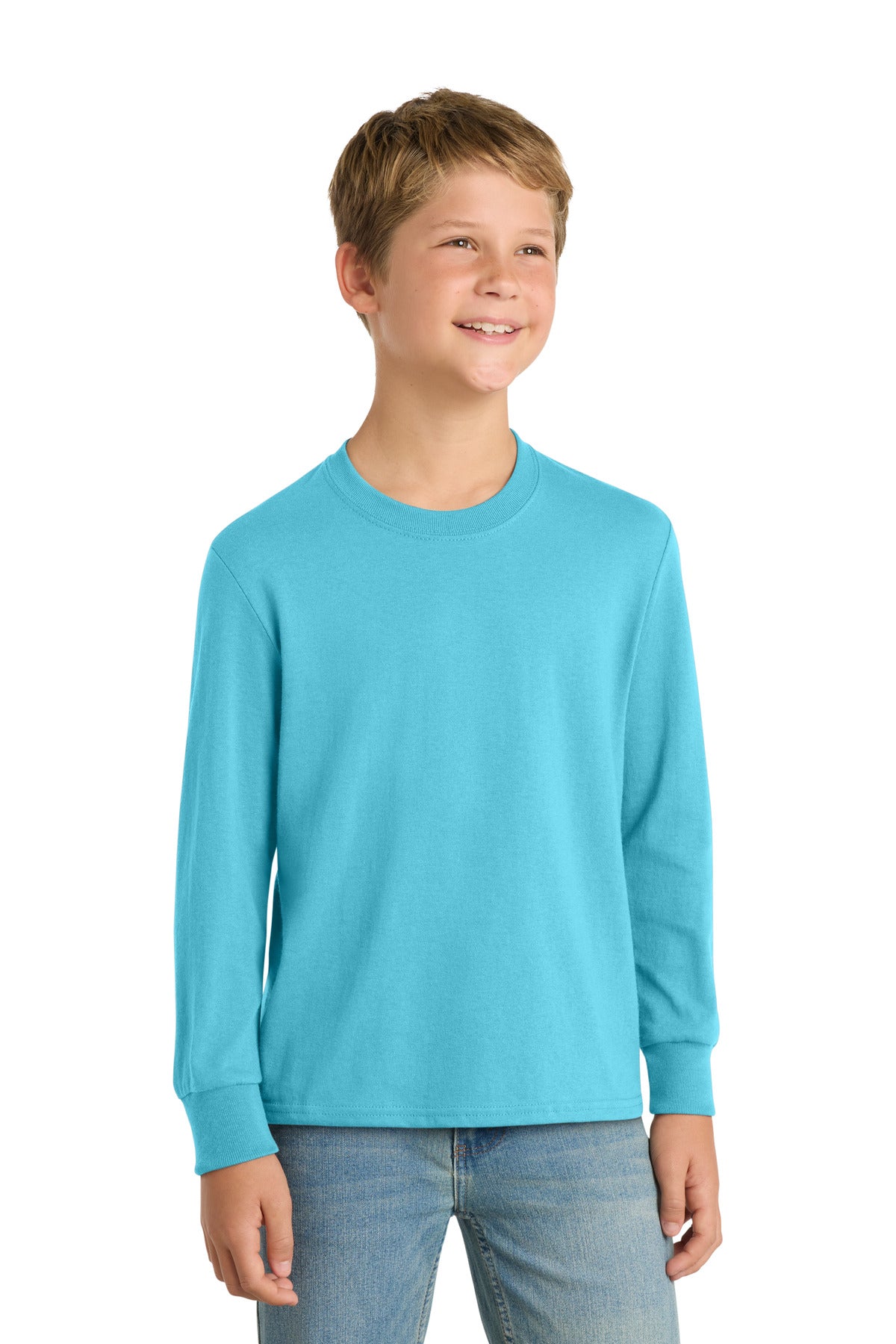 Port & Co® Youth Long Sleeve Core Cotton Tee. PC54YLS - Aquatic Blue - XS